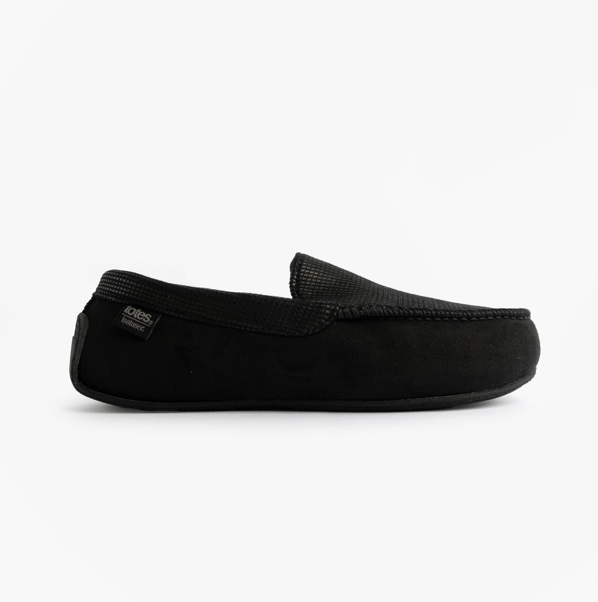 Totes Isotoner SQUARE PATTERNED SMART MOCCASIN Mens Moccasin Slippers Black side view, featuring a low top design and comfortable slip-on style.