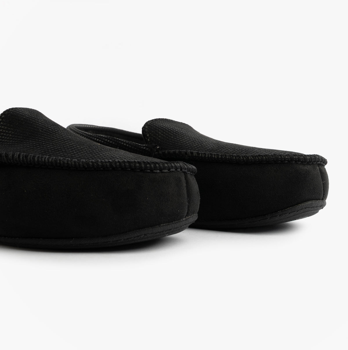 Totes Isotoner SQUARE PATTERNED SMART MOCCASIN Mens Moccasin Slippers Black side view showing sleek design and comfort features.
