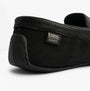 Totes Isotoner SQUARE PATTERNED SMART MOCCASIN Mens Moccasin Slippers Black side view featuring soft fabric and slip-on design.