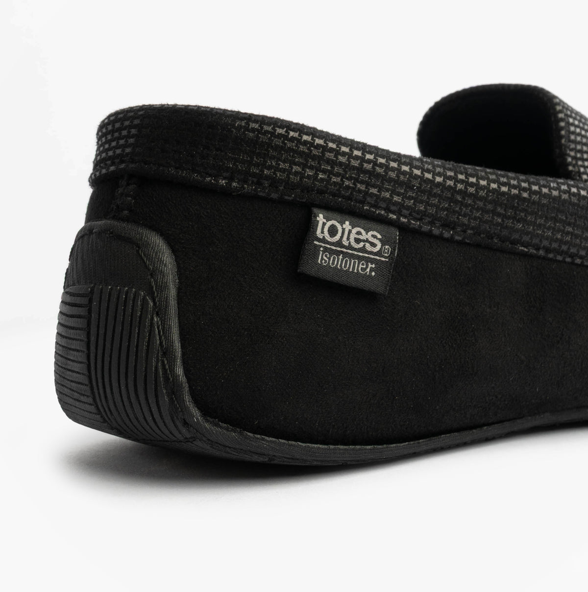 Totes Isotoner SQUARE PATTERNED SMART MOCCASIN Mens Moccasin Slippers Black side view featuring soft fabric and slip-on design.