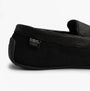 Totes Isotoner SQUARE PATTERNED SMART MOCCASIN Mens Moccasin Slippers Black side view of slipper detailing.