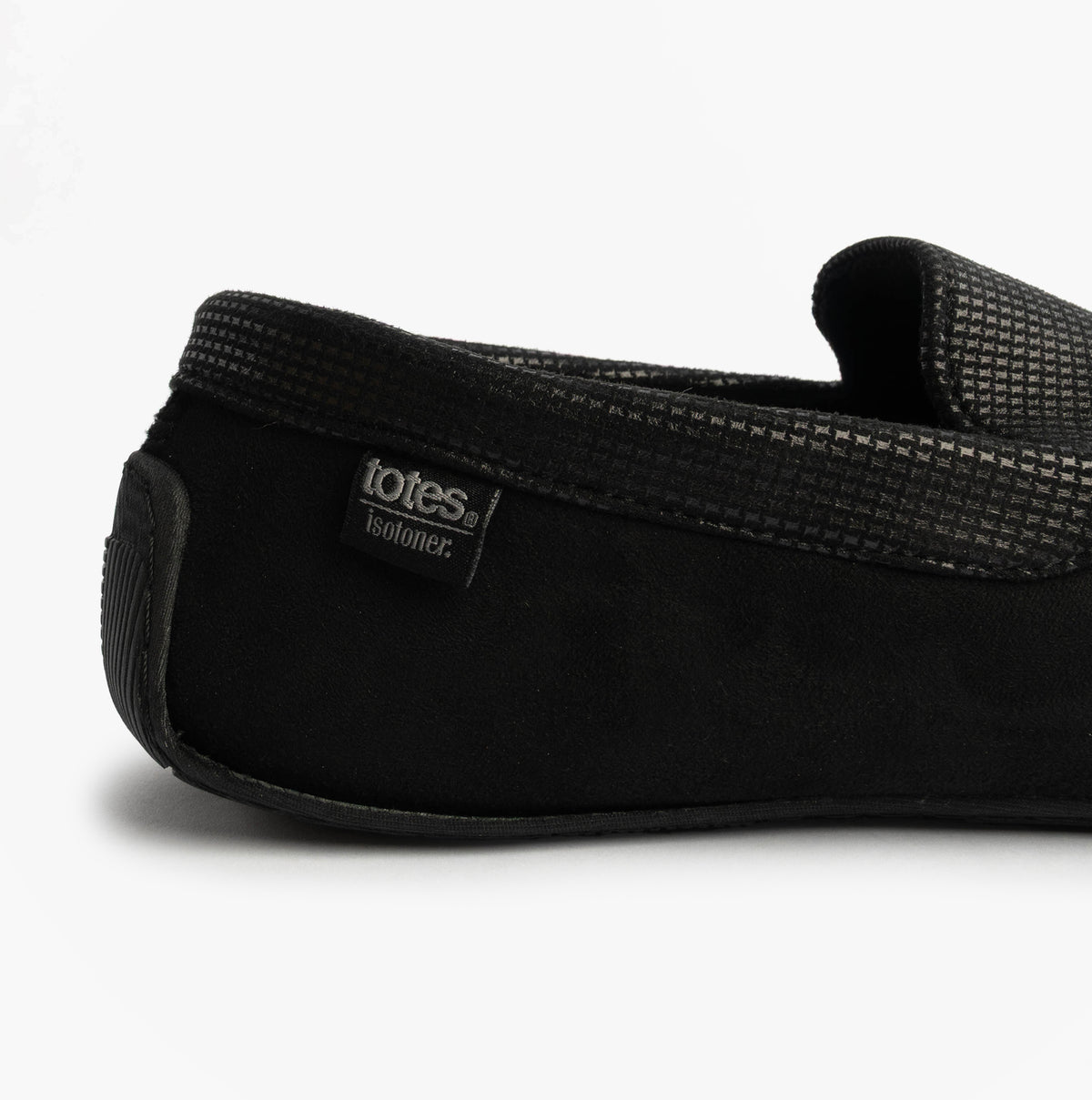 Totes Isotoner SQUARE PATTERNED SMART MOCCASIN Mens Moccasin Slippers Black side view of slipper detailing.