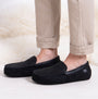 Totes Isotoner SQUARE PATTERNED SMART MOCCASIN Mens Moccasin Slippers Black side view, comfortable slip-on style.