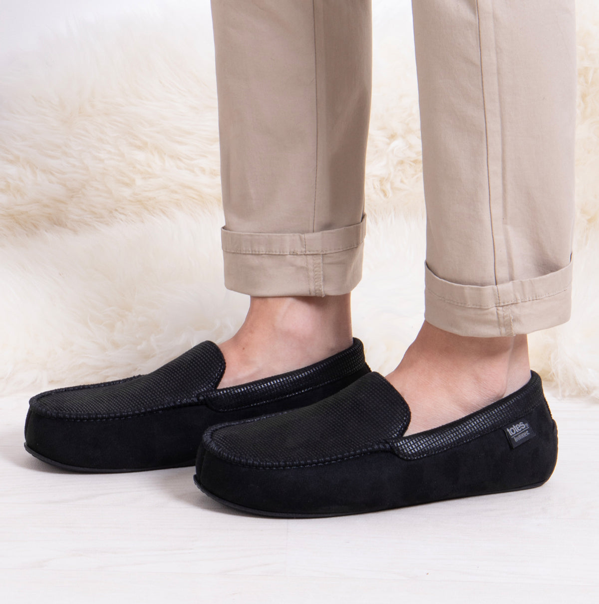 Totes Isotoner SQUARE PATTERNED SMART MOCCASIN Mens Moccasin Slippers Black side view, comfortable slip-on style.