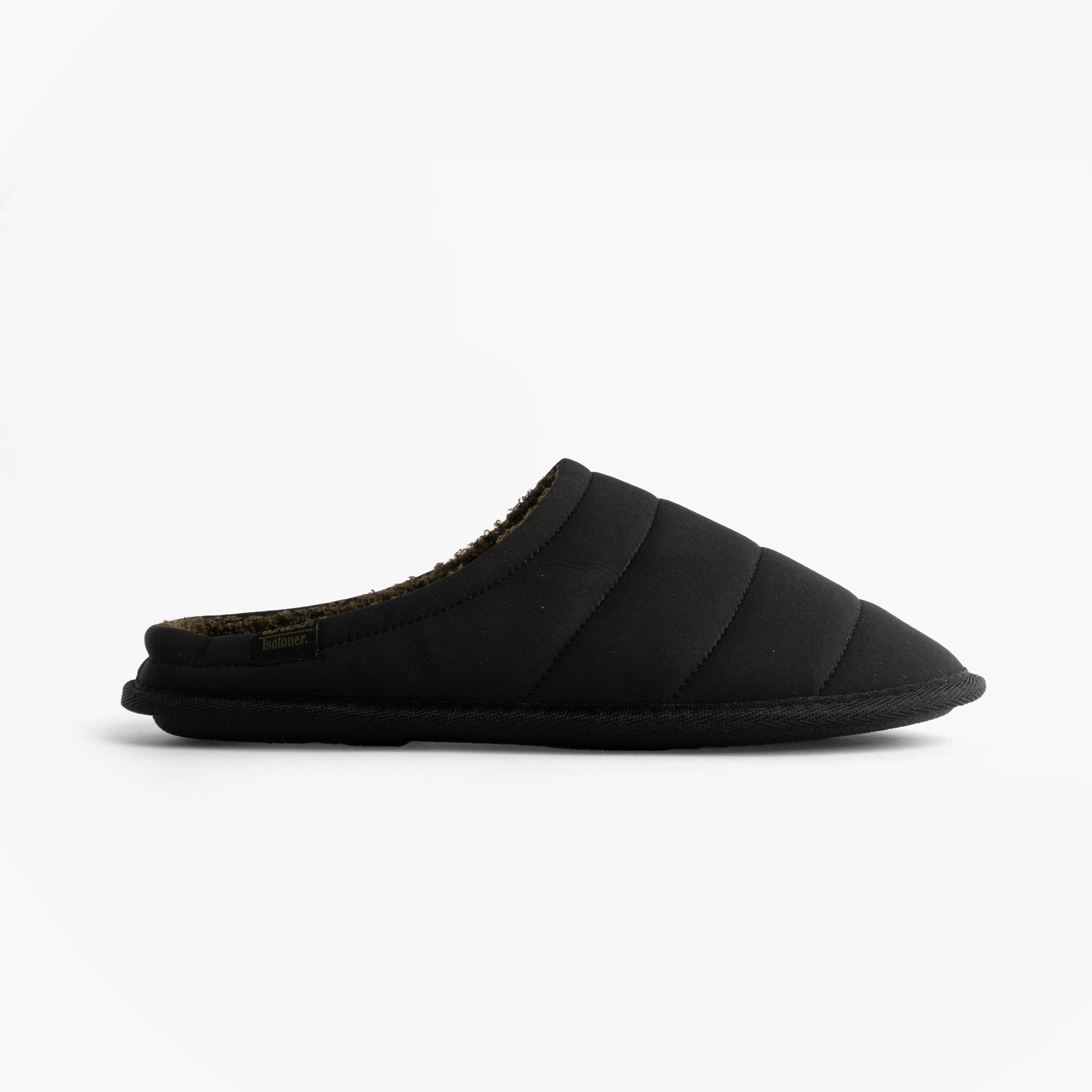 Totes Isotoner SPORT QUILTED MULE WITH COSY LINING Mens Mule Slippers Black side view showing quilted upper and cosy lining.