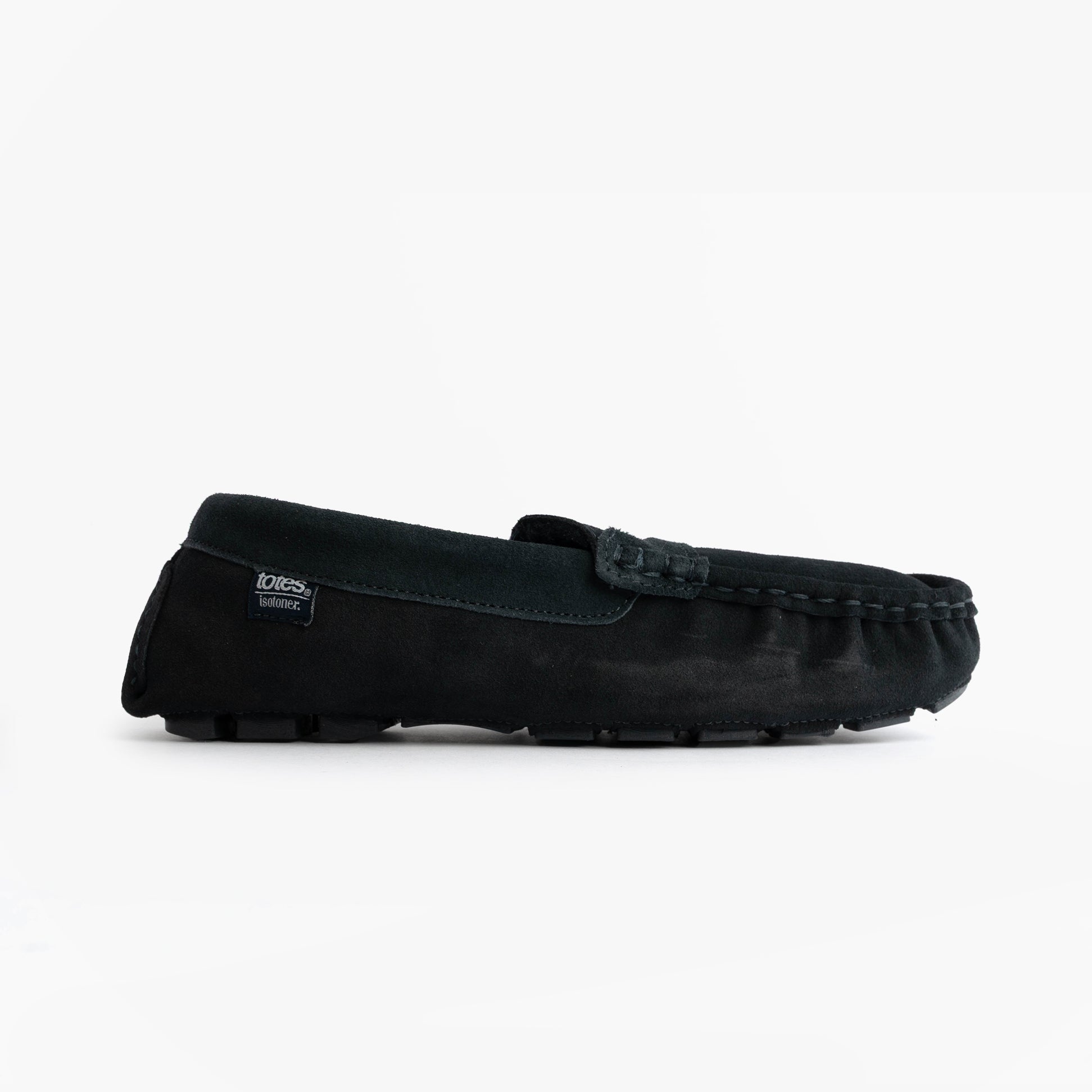 Totes Isotoner SUEDE CLASSIC Moccasin Slippers Mens Navy side view showing suede upper and round toe shape.