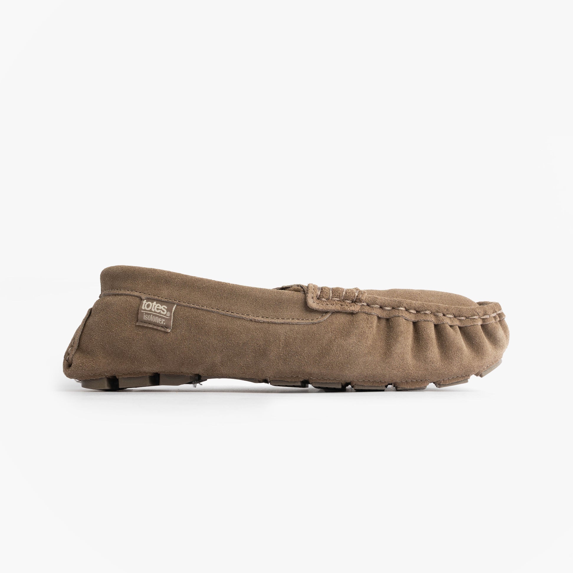 Totes Isotoner SUEDE CLASSIC Moccasin Slippers Mens Sand side view showing suede upper and flat sole.