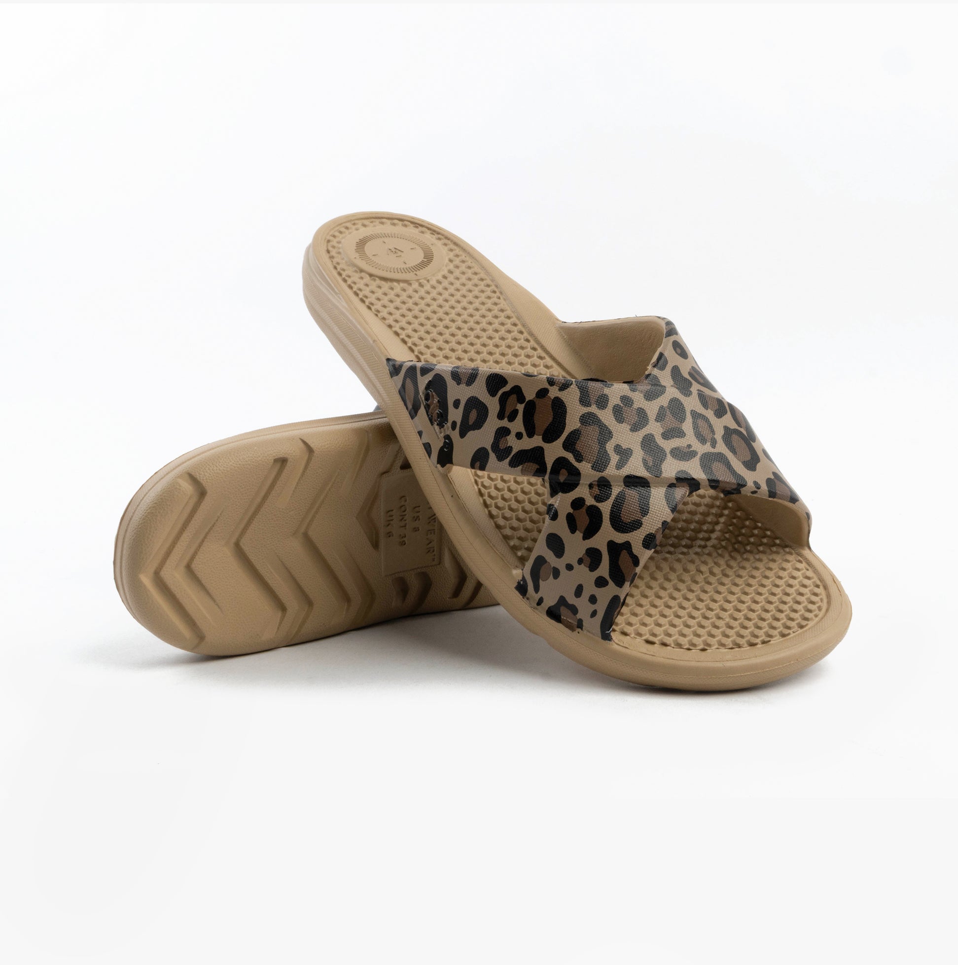 0359FLEO Womens Cross Slides Natural Leopard