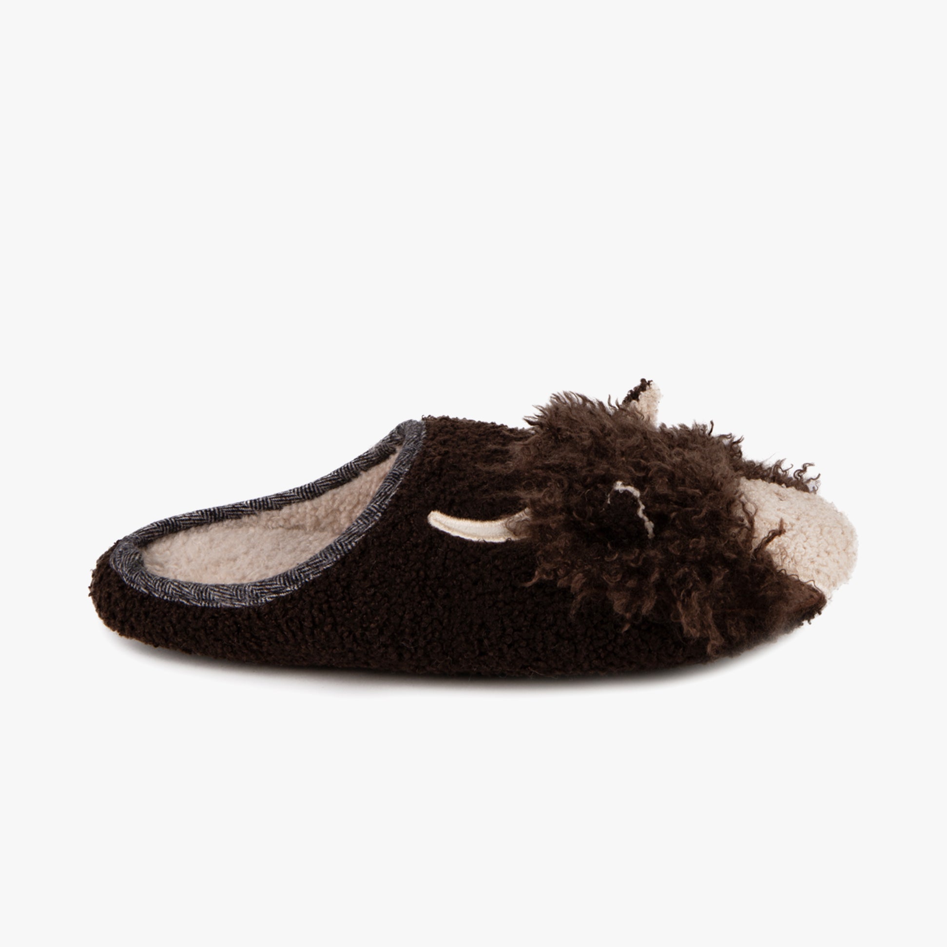 Totes Toasties NOVELTY APPLIQUE MULE Slippers Mens Brown side view showing the cozy slip-on design with faux fur lining.