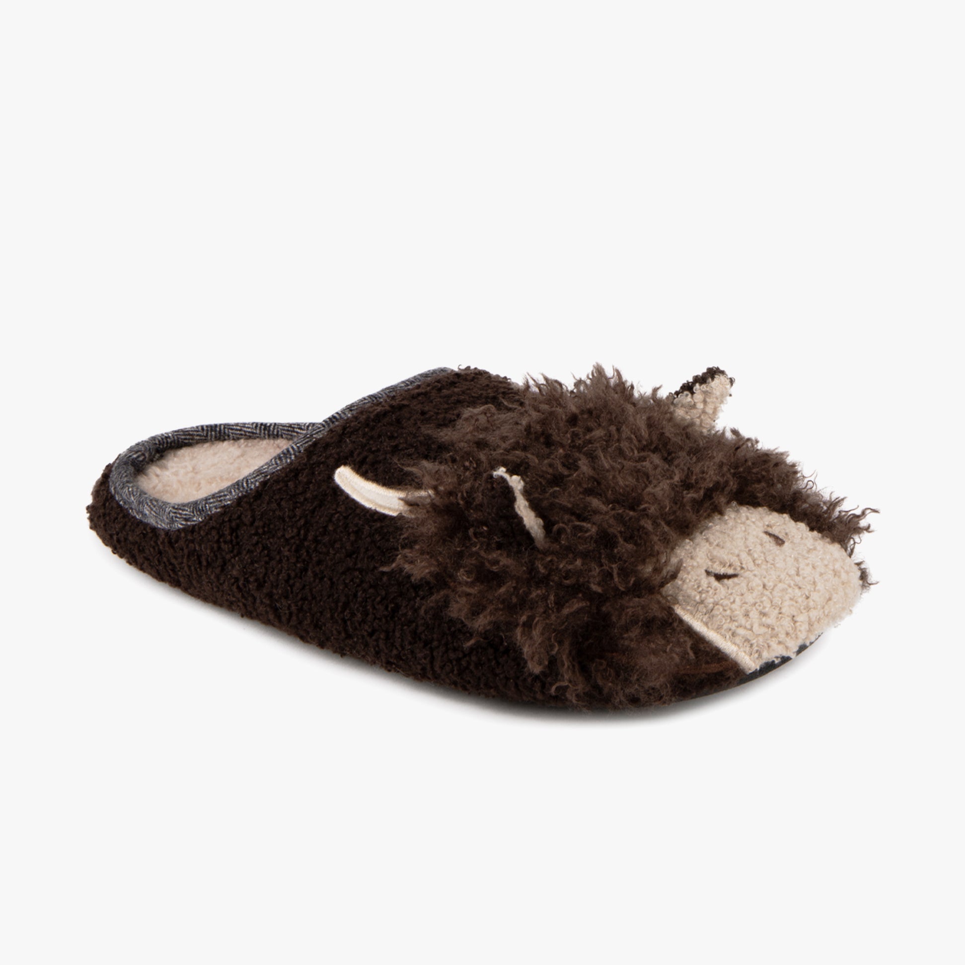 Totes Toasties NOVELTY APPLIQUE MULE Slippers Mens Brown side view showing plush brown upper and animal design features.