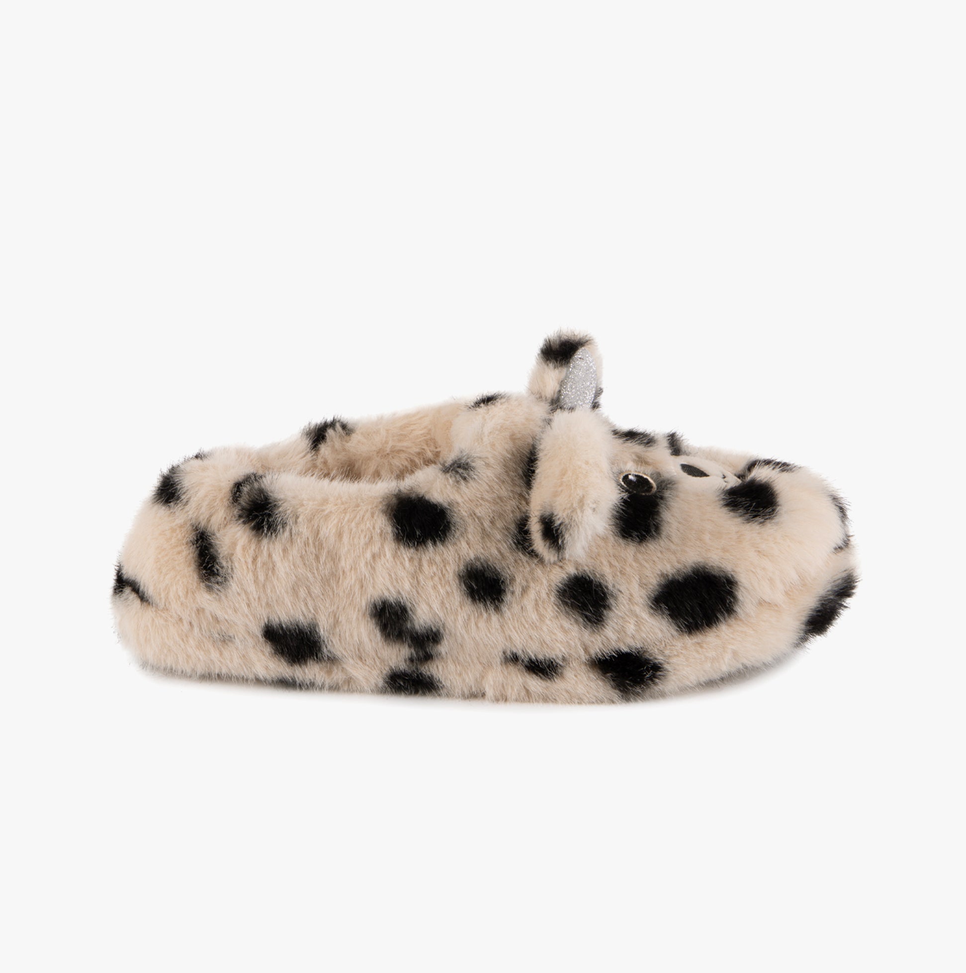 Totes Toasties NOVELTY FAUX FUR Slippers Womens Dalmatian side view showcasing soft faux fur and spotted design.