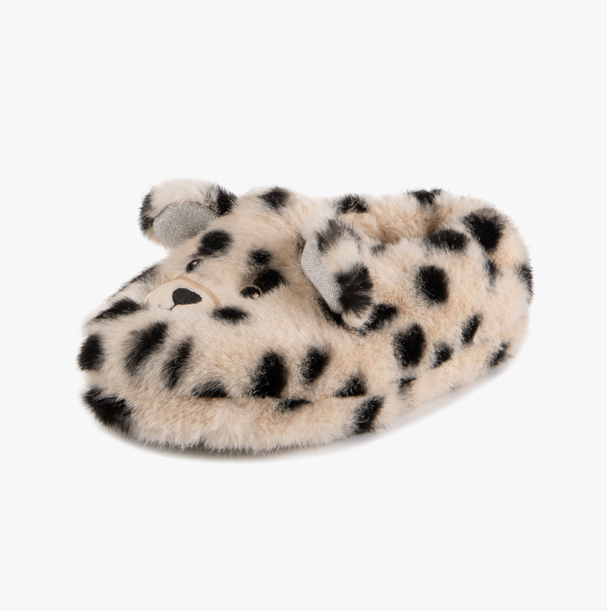 Totes Toasties NOVELTY FAUX FUR Slippers Womens Dalmatian side view showing soft faux fur and playful design.