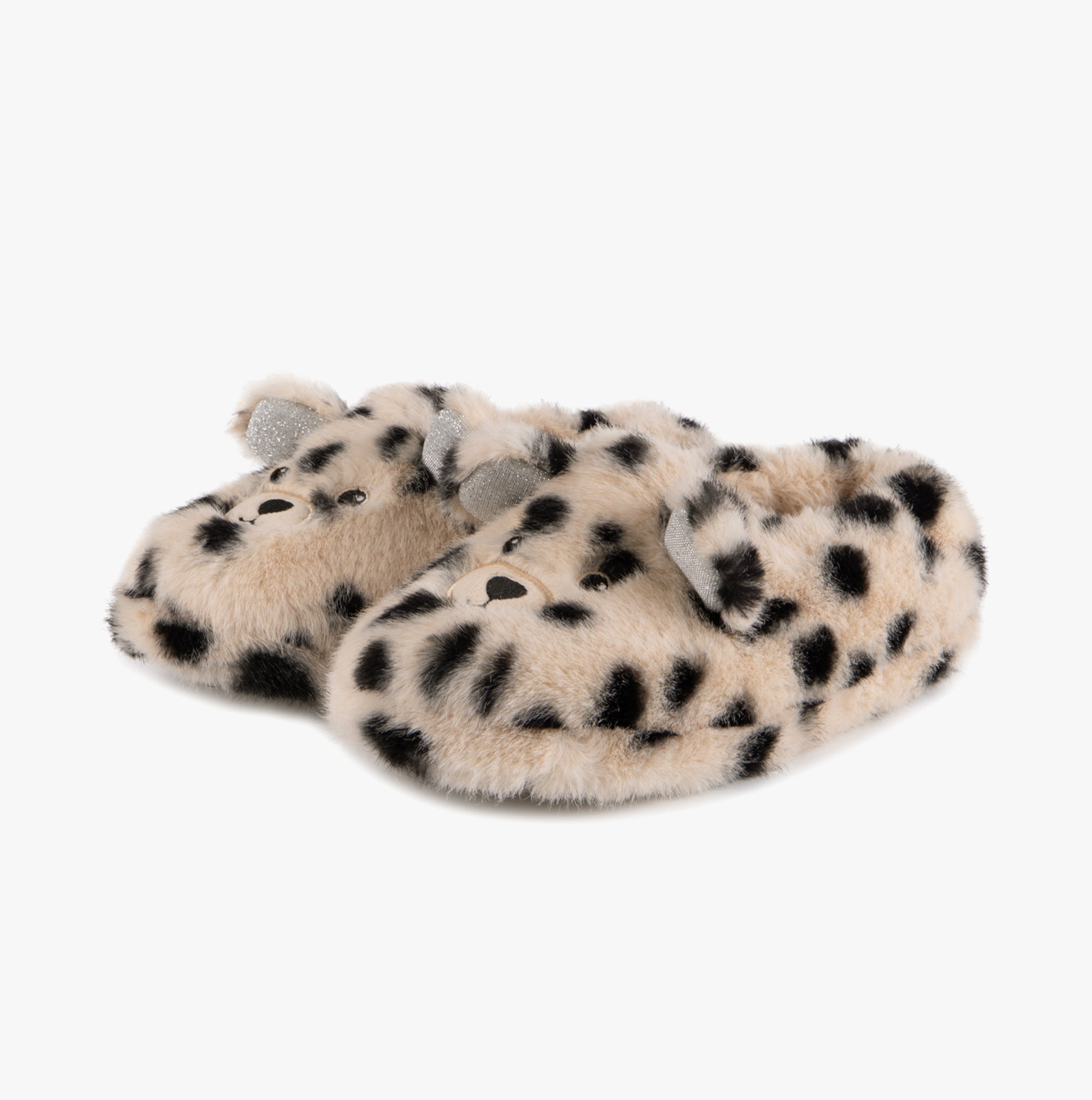 Totes Toasties NOVELTY FAUX FUR Slippers Womens Dalmatian side view showcasing soft faux fur with Dalmatian spots.