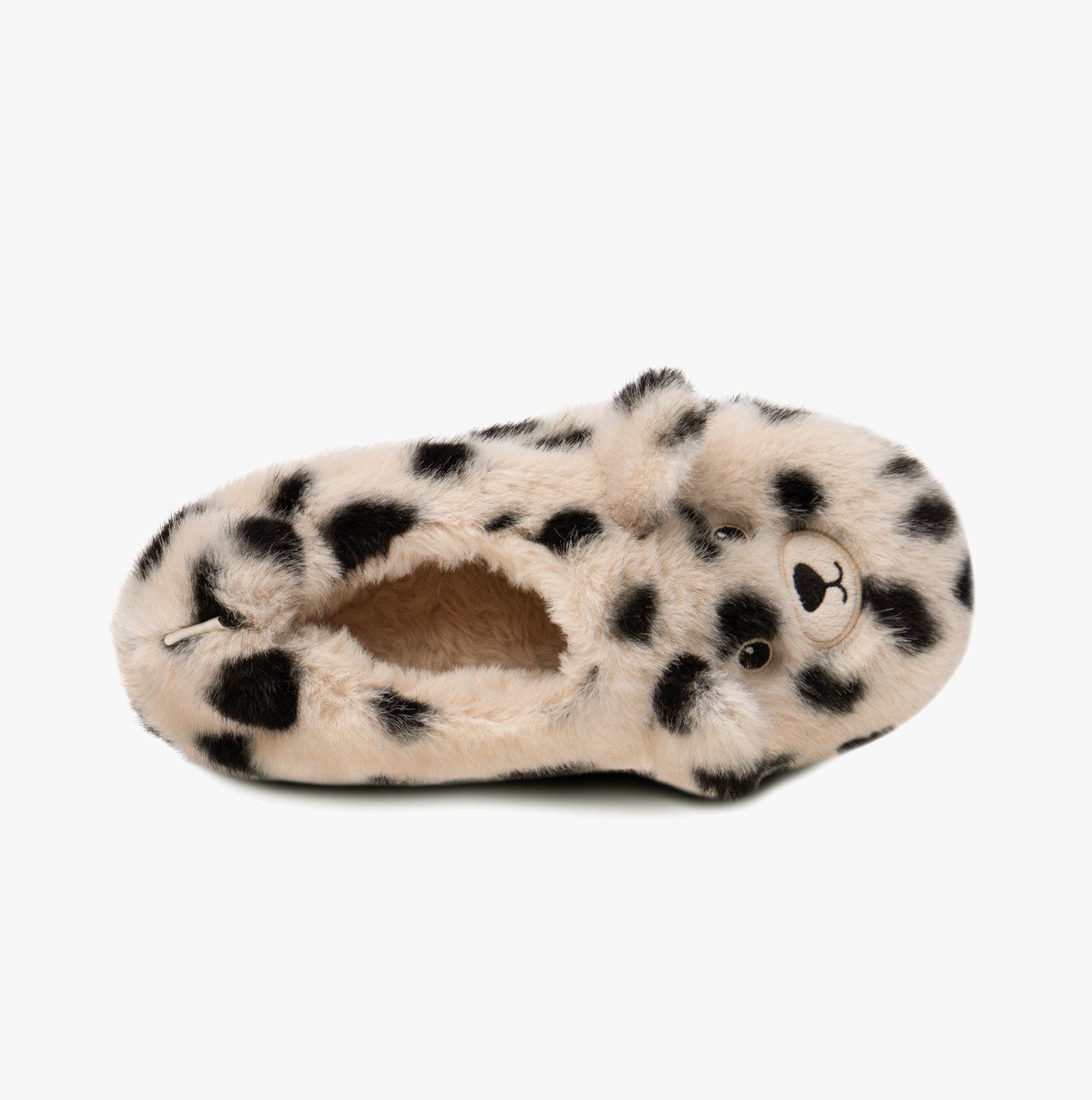Totes Toasties NOVELTY FAUX FUR Slippers Womens Dalmatian top view showing soft faux fur and round toe design.