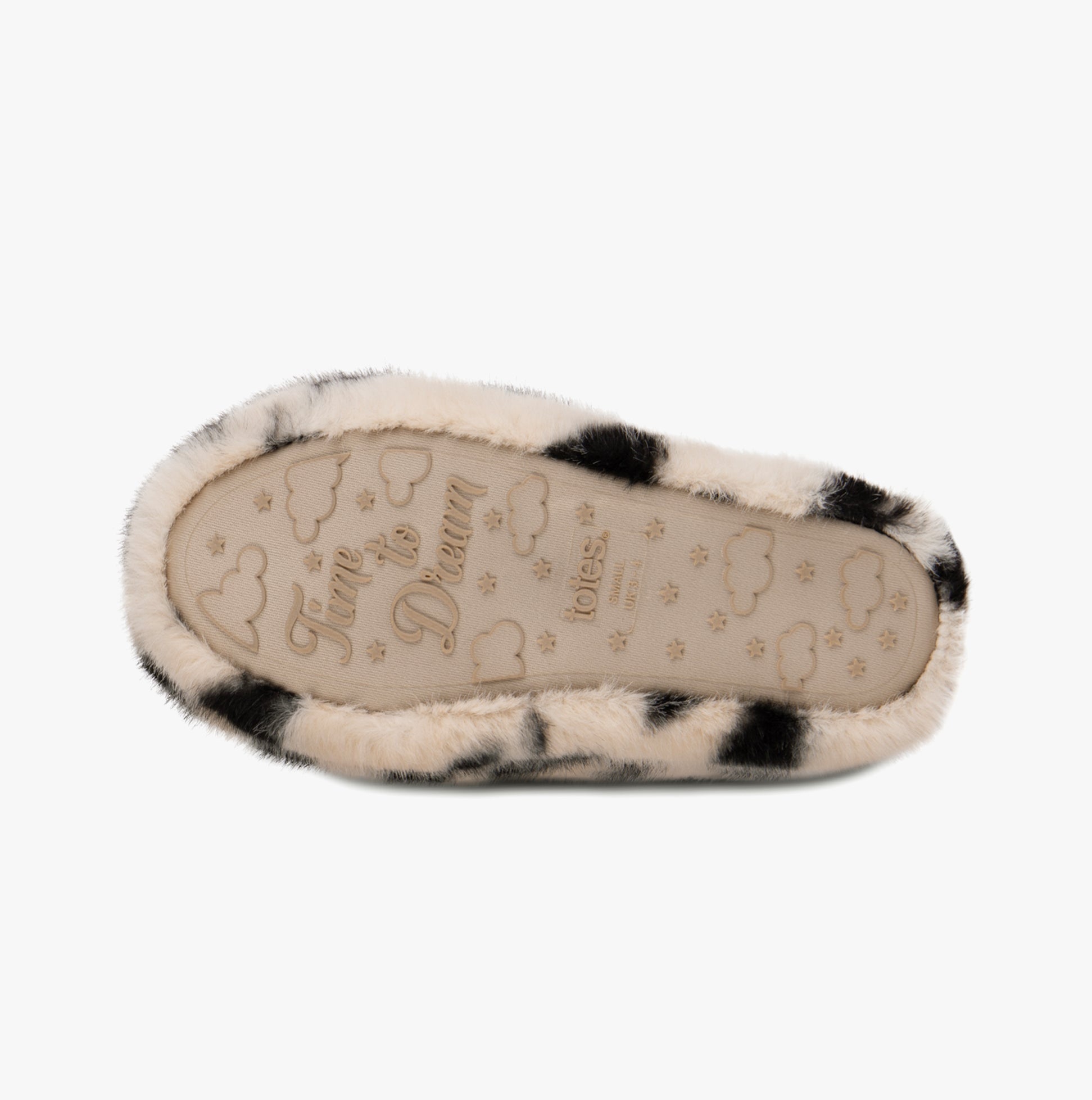 Totes Toasties NOVELTY FAUX FUR Slippers Womens Dalmatian bottom view showing detailed sole design and faux fur border.