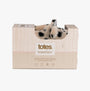 Totes Toasties NOVELTY FAUX FUR Slippers Womens Dalmatian in gift box, top view with slippers partially visible.