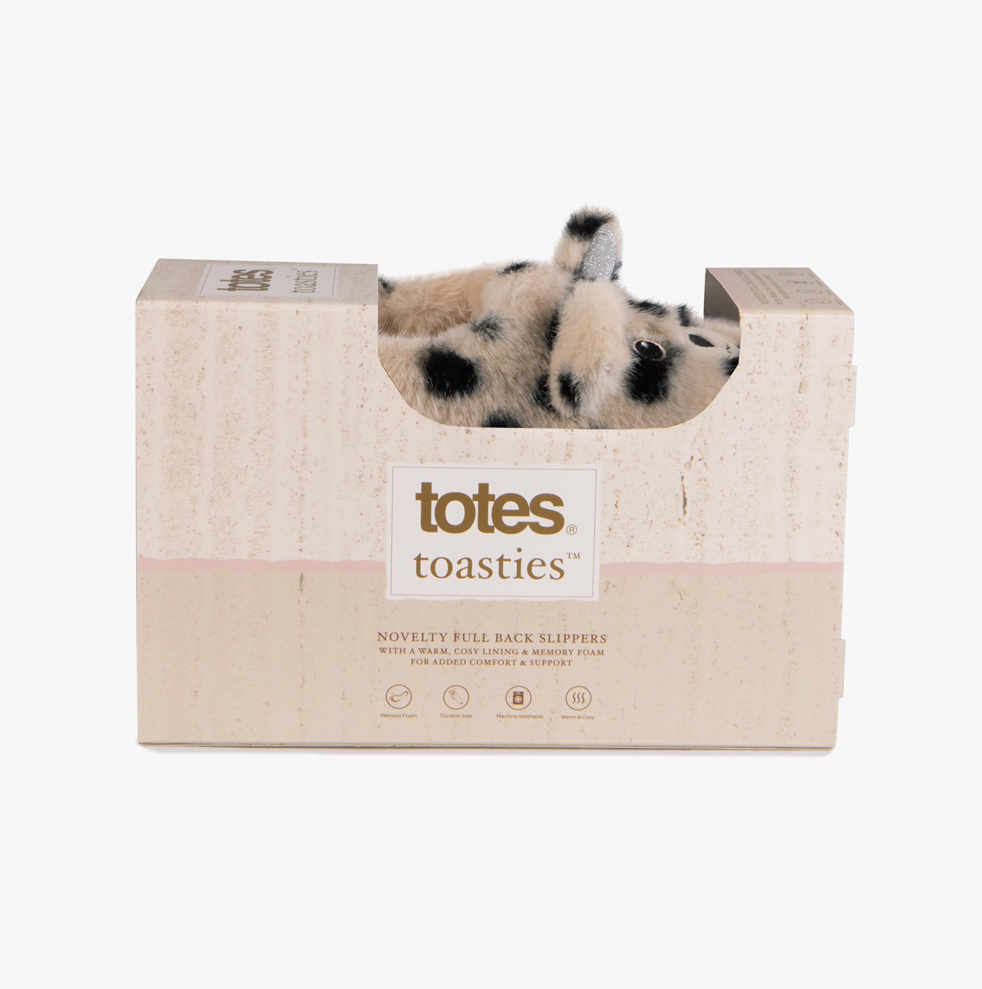 Totes Toasties NOVELTY FAUX FUR Slippers Womens Dalmatian in gift box, top view with slippers partially visible.