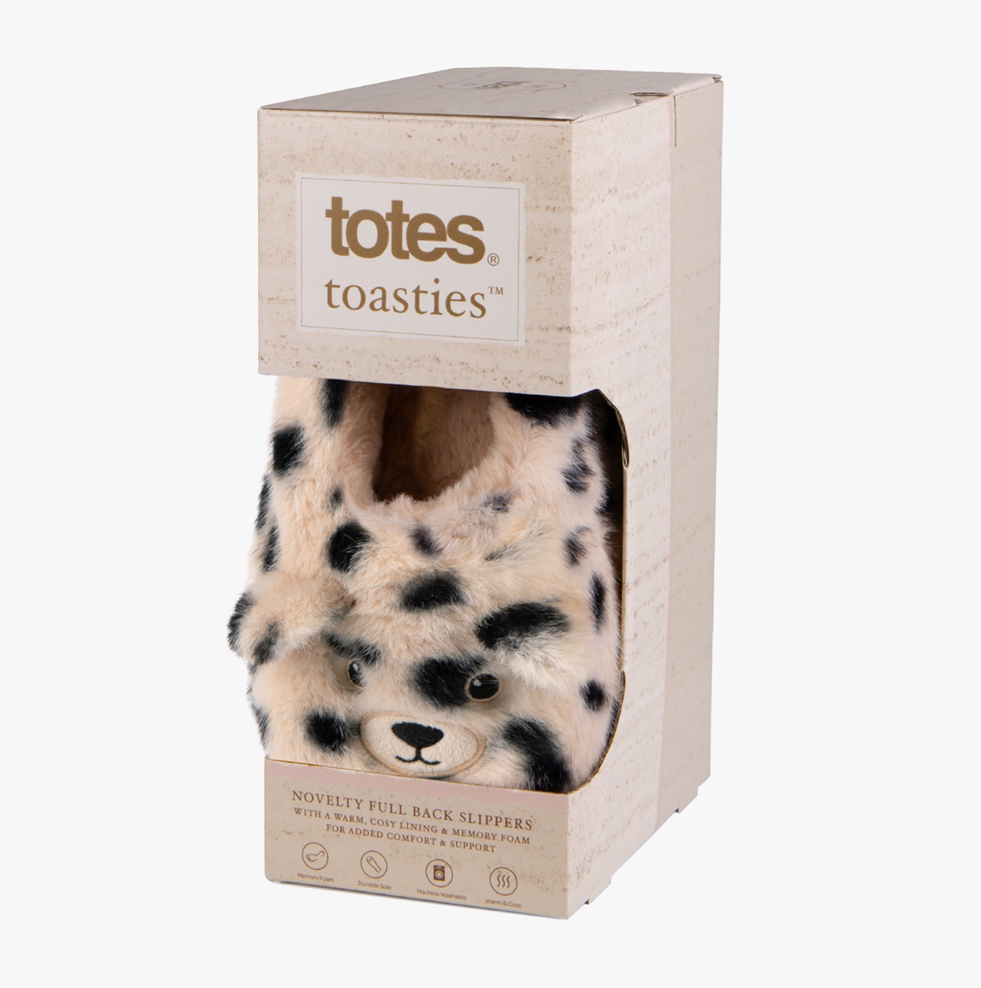 Totes Toasties NOVELTY FAUX FUR Slippers Womens Dalmatian side view in packaging with leopard print design.
