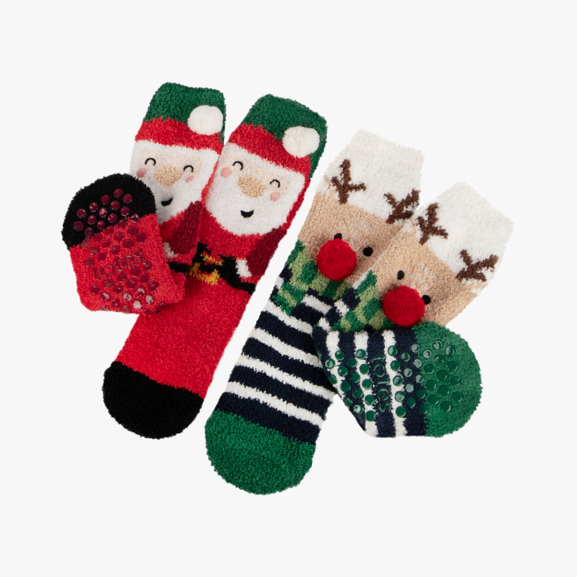 Totes Toasties SUPER SOFT SLIPPER SOCKS (TWIN PACK) Unisex Kids Socks Reindeer / Santa side view showing festive designs.