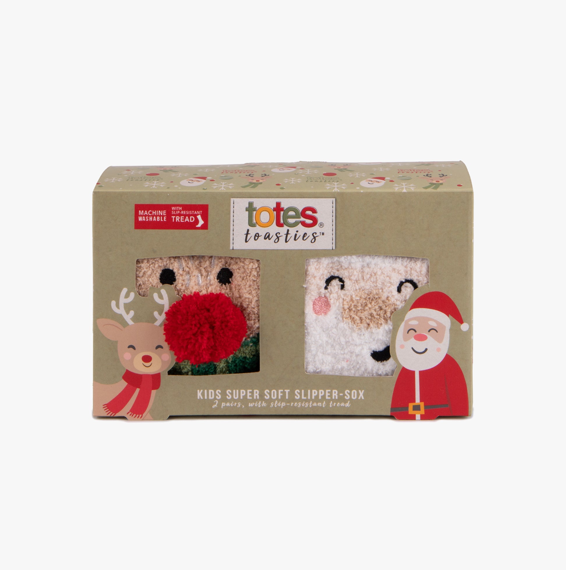 Totes Toasties SUPER SOFT SLIPPER SOCKS (TWIN PACK) Unisex Kids Socks Reindeer / Santa gift boxed front view.