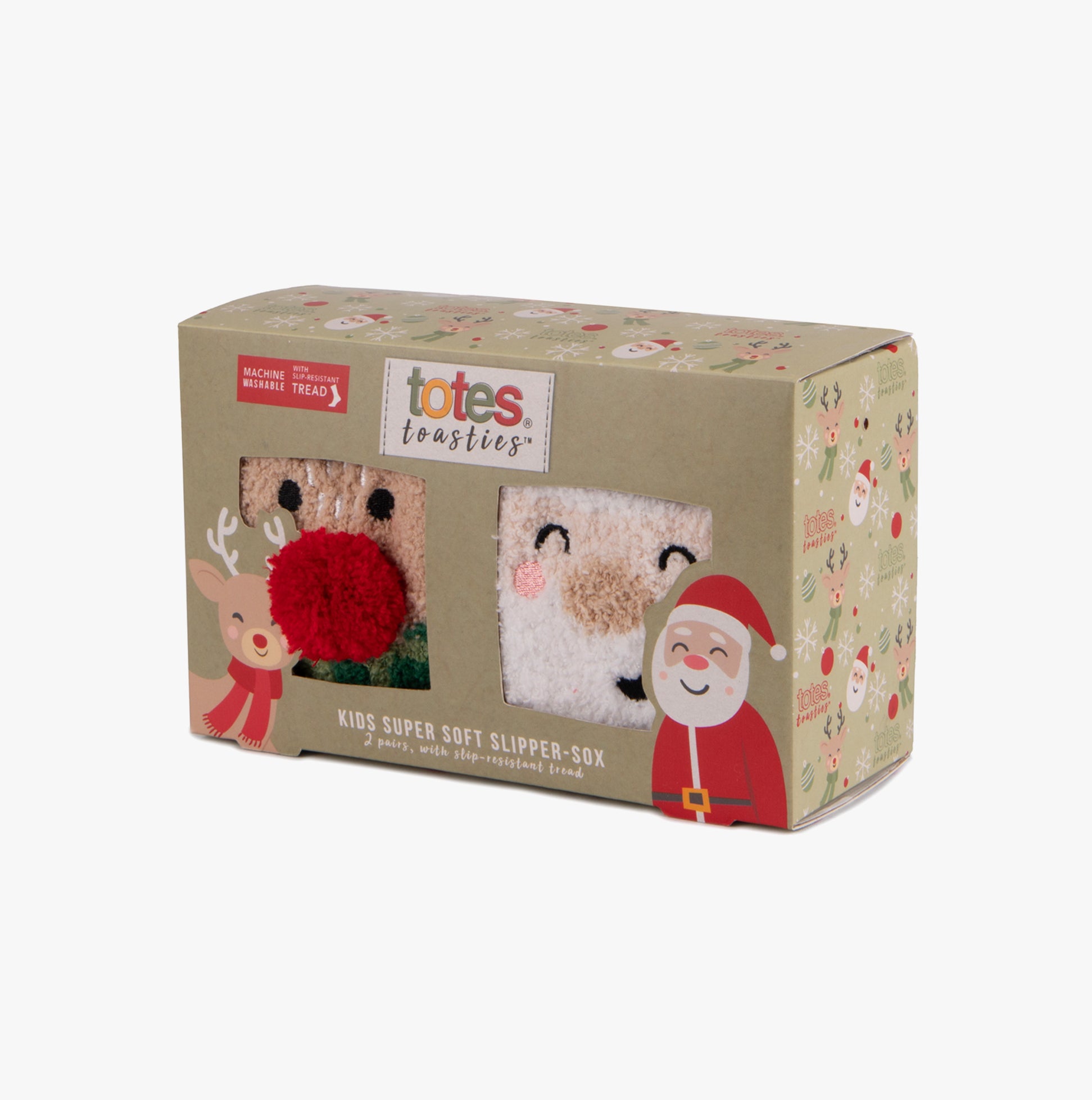 Totes Toasties SUPER SOFT SLIPPER SOCKS (TWIN PACK) Unisex Kids Socks Reindeer/Santa boxed view with festive design.