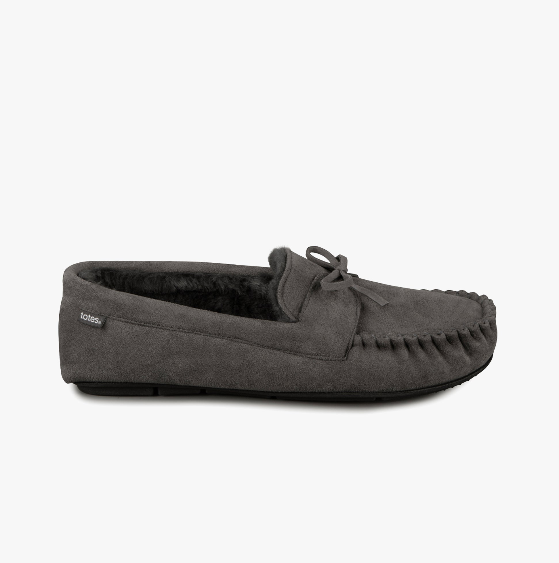 Totes Toasties SUEDETTE MOCCASIN Slippers WITH FAUX FUR LINING Mens Grey side view