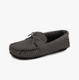 Totes Toasties SUEDETTE MOCCASIN Slippers WITH FAUX FUR LINING Mens Grey side view with round toe and slip-on design.