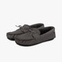 Totes Toasties SUEDETTE MOCCASIN Slippers WITH FAUX FUR LINING Mens Grey side view showing suede upper and faux fur lining.