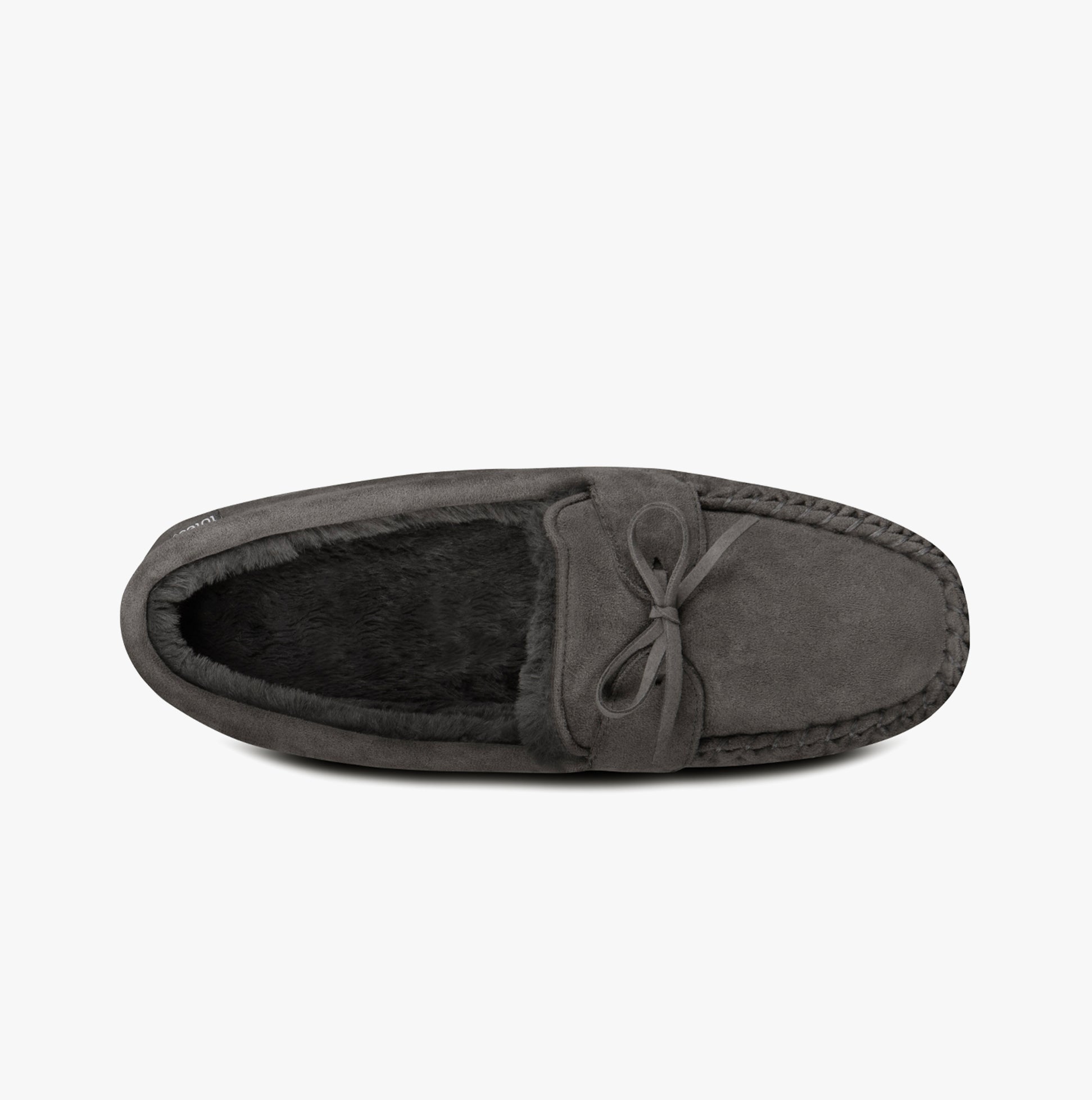 Totes Toasties SUEDETTE MOCCASIN Slippers WITH FAUX FUR LINING Mens Grey top view showing soft suede and faux fur lining.