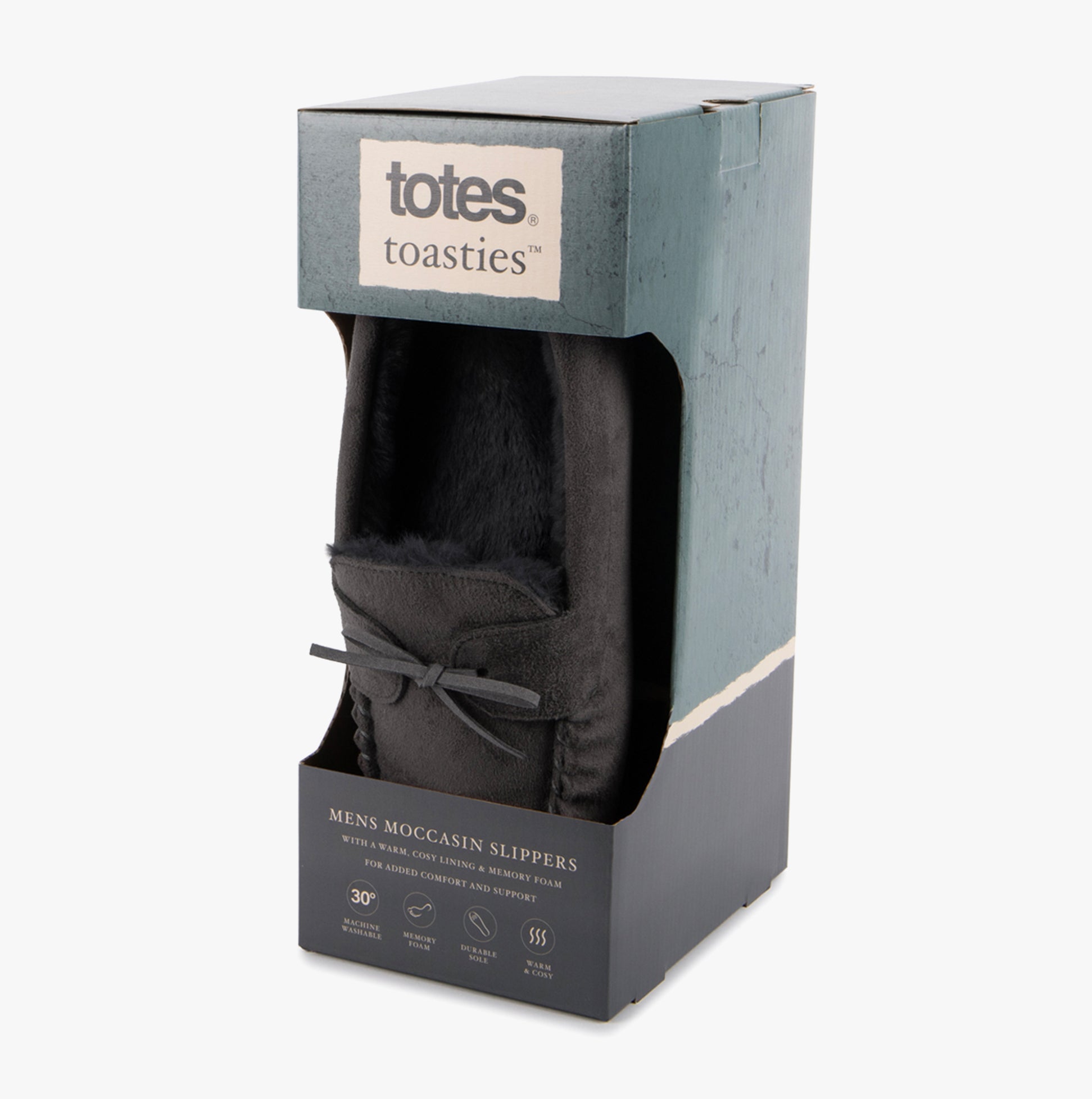Totes Toasties SUEDETTE MOCCASIN Slippers WITH FAUX FUR LINING Mens Grey in gift box side view.