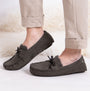 Totes Toasties SUEDETTE MOCCASIN Slippers WITH FAUX FUR LINING Mens Grey side view on feet