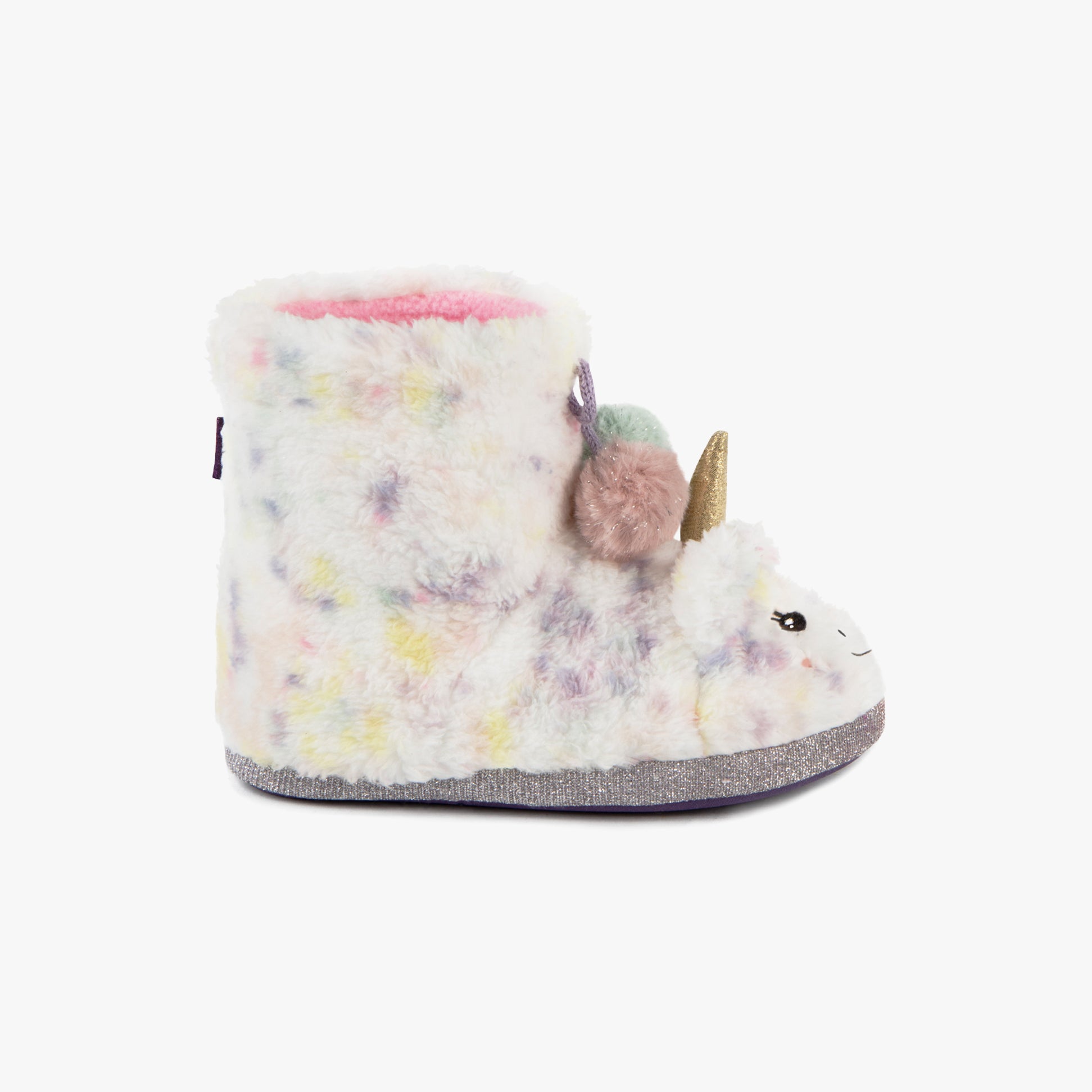 Totes Toasties MULTI FAUX FUR BOOT Slippers Kids Multi side view featuring colorful unicorn design and fluffy material.