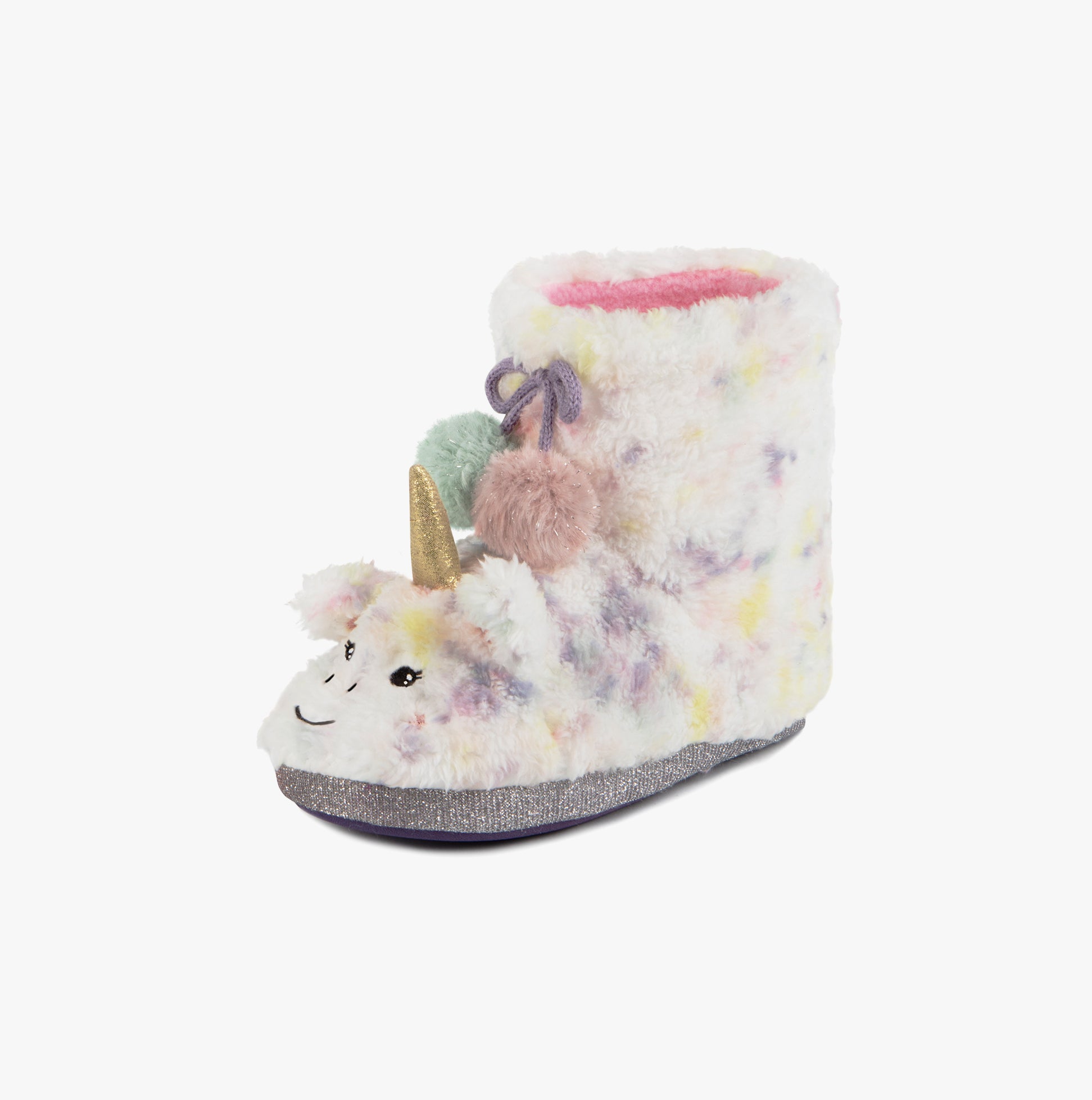 Totes Toasties MULTI FAUX FUR BOOT Slippers Kids Multi side view of colorful unicorn design slipper boots with pom poms.