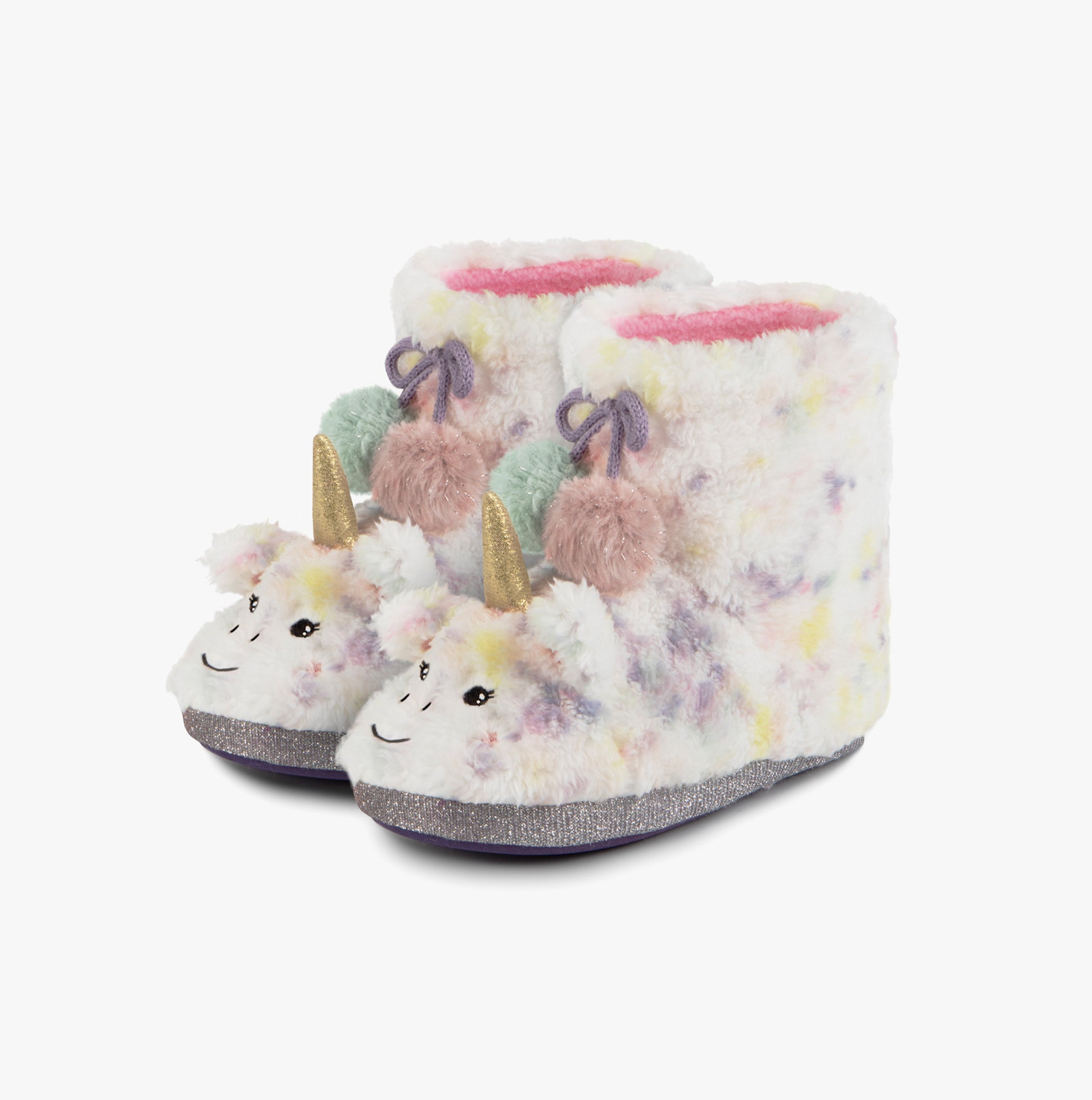 Totes Toasties MULTI FAUX FUR BOOT Slippers Kids Multi side view showing colorful unicorn design and plush material.