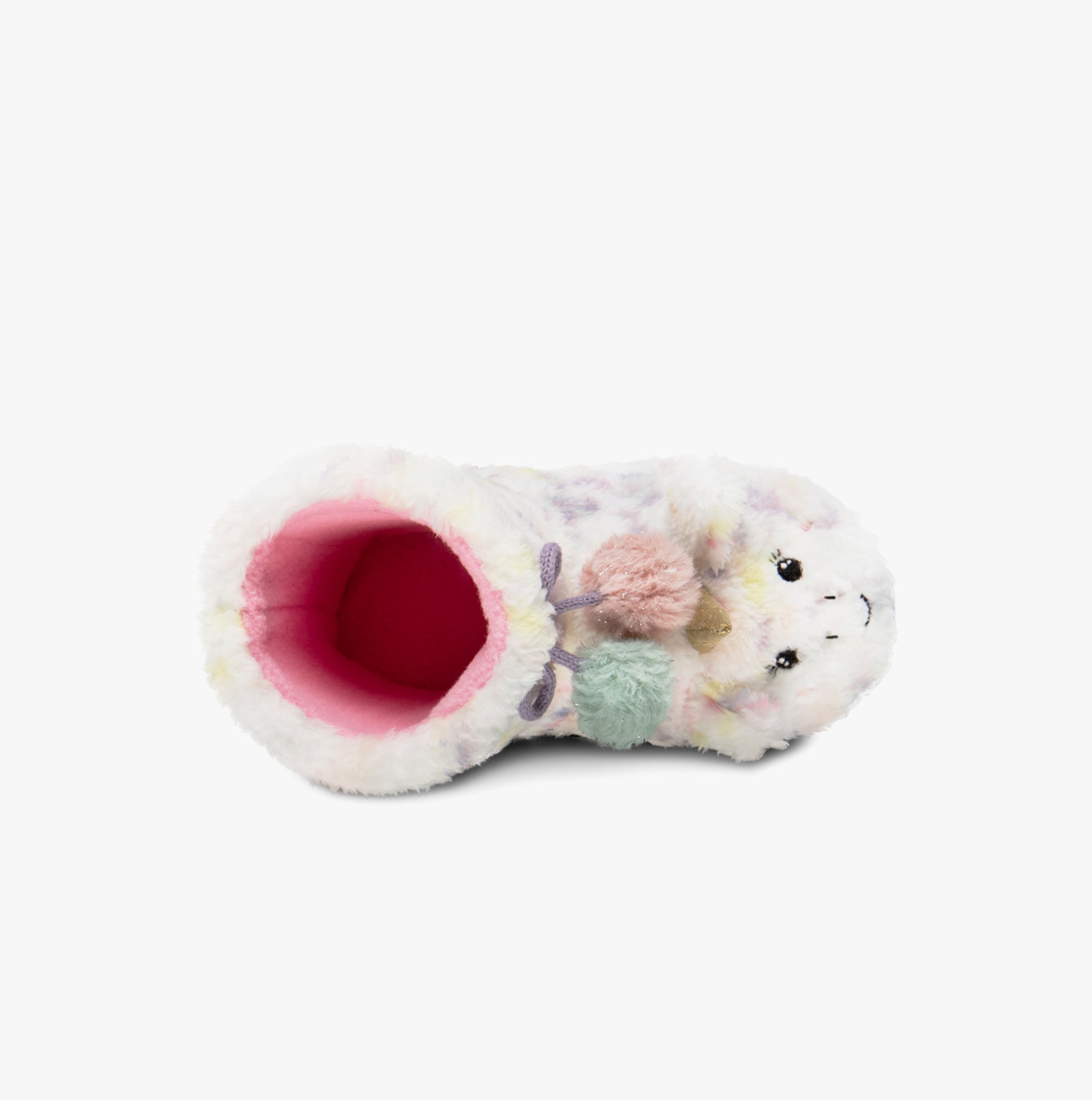 Totes Toasties MULTI FAUX FUR BOOT Slippers Kids Multi top view of cozy slipper featuring a cute design with pom-poms.