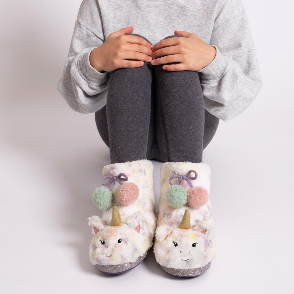 Totes Toasties MULTI FAUX FUR BOOT Slippers Kids Multi front view showing colorful unicorn slippers with pom-poms.
