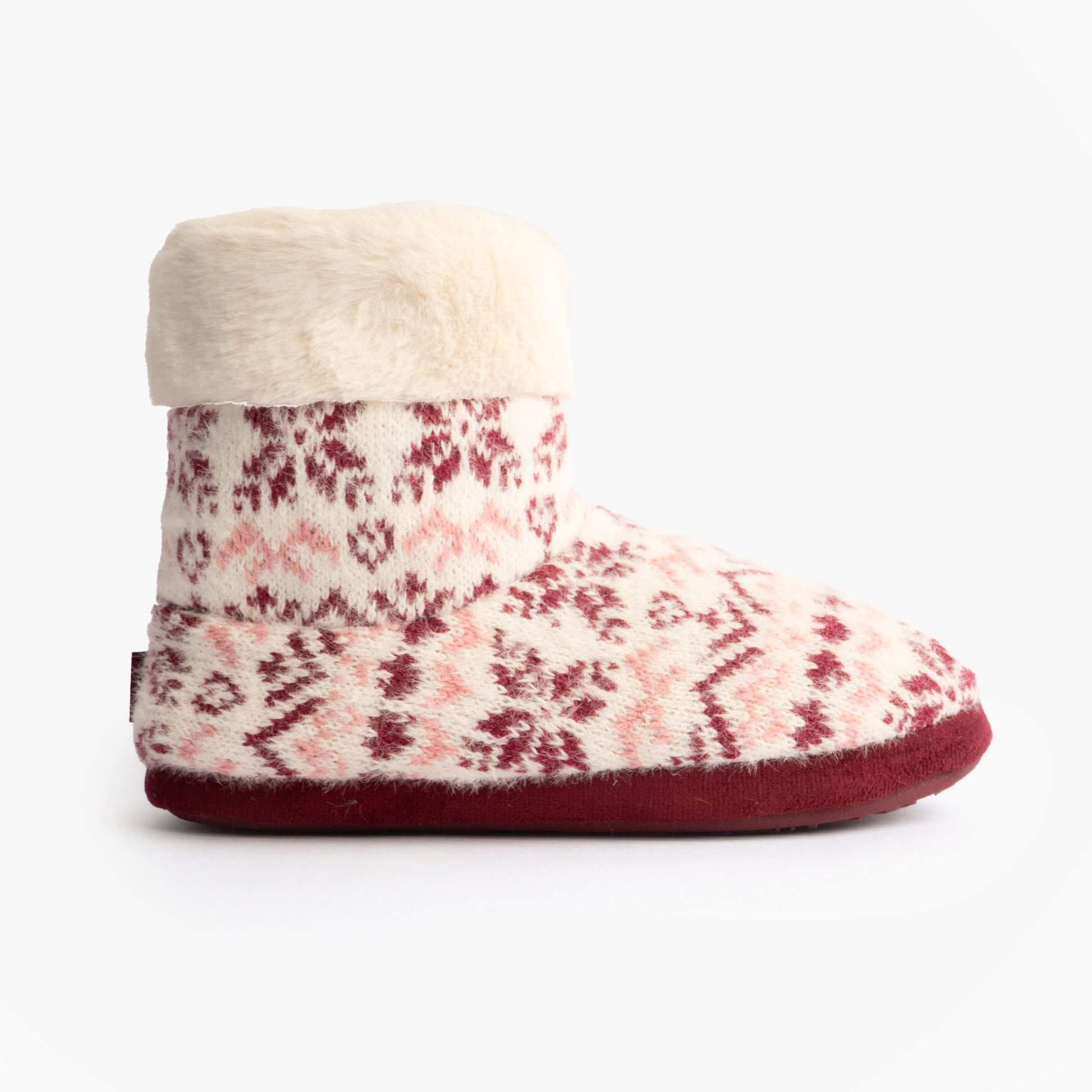 Totes Toasties FAIR ISLE KNIT Boot Slippers Womens Fair Isle side view featuring Fair Isle knit design and faux fur cuff.