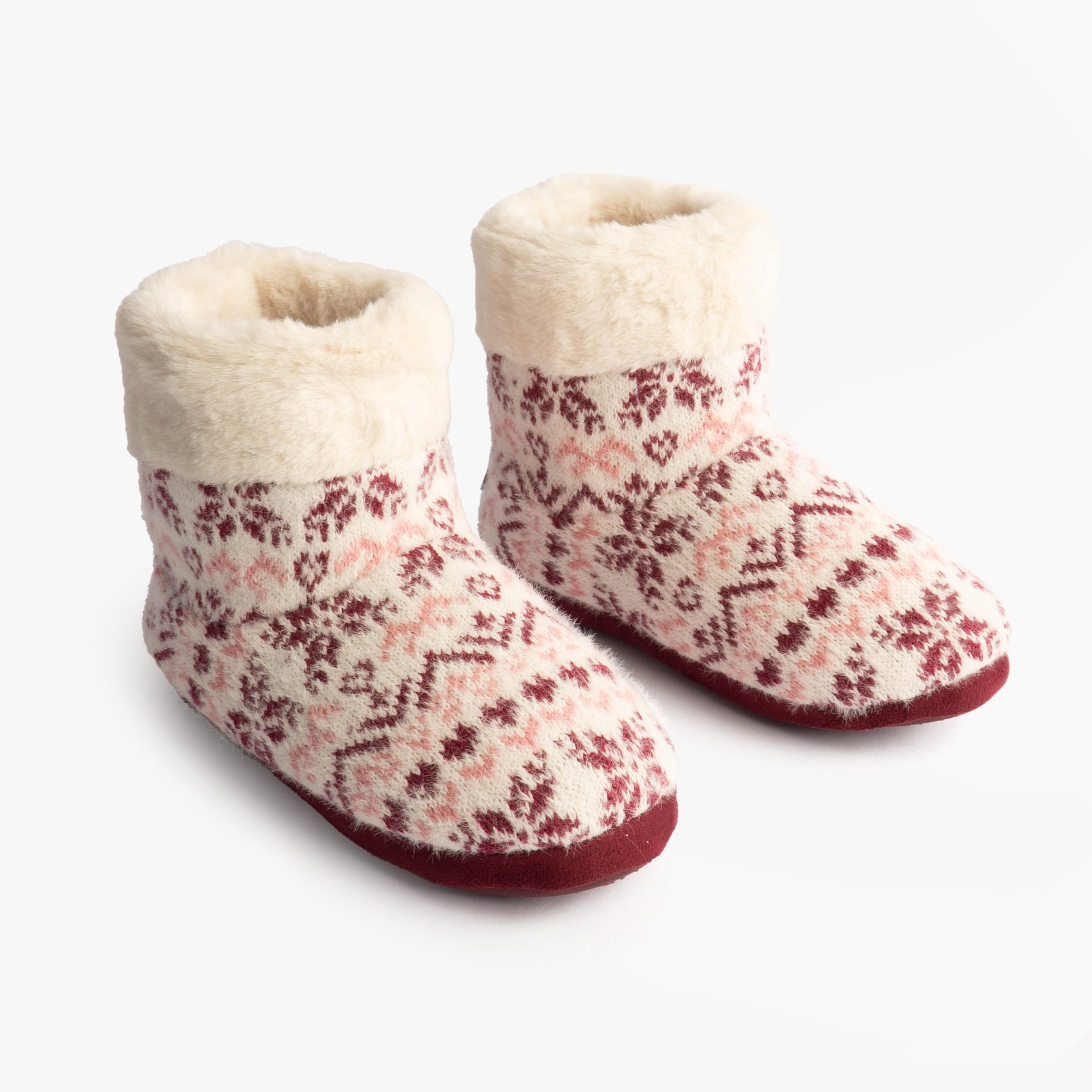 Totes Toasties FAIR ISLE KNIT Boot Slippers Womens Fair Isle side view of cozy slipper boots with fluffy lining