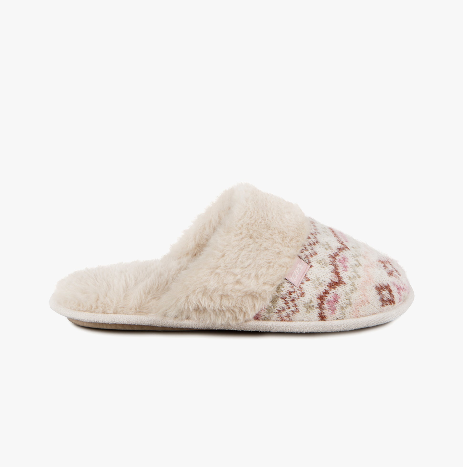 Totes Toasties FAIR ISLE KNIT MULE Slippers Womens Fairisle side view featuring plush faux fur lining and knitted design.