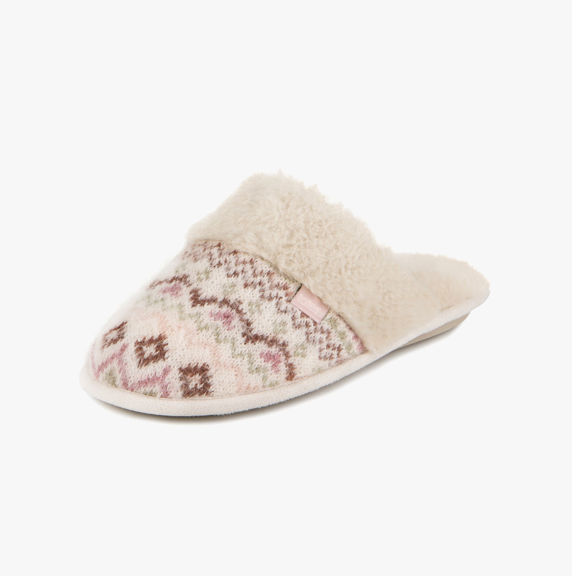 Totes Toasties FAIR ISLE KNIT MULE Slippers Womens Fairisle side view with soft faux fur and patterned knit.