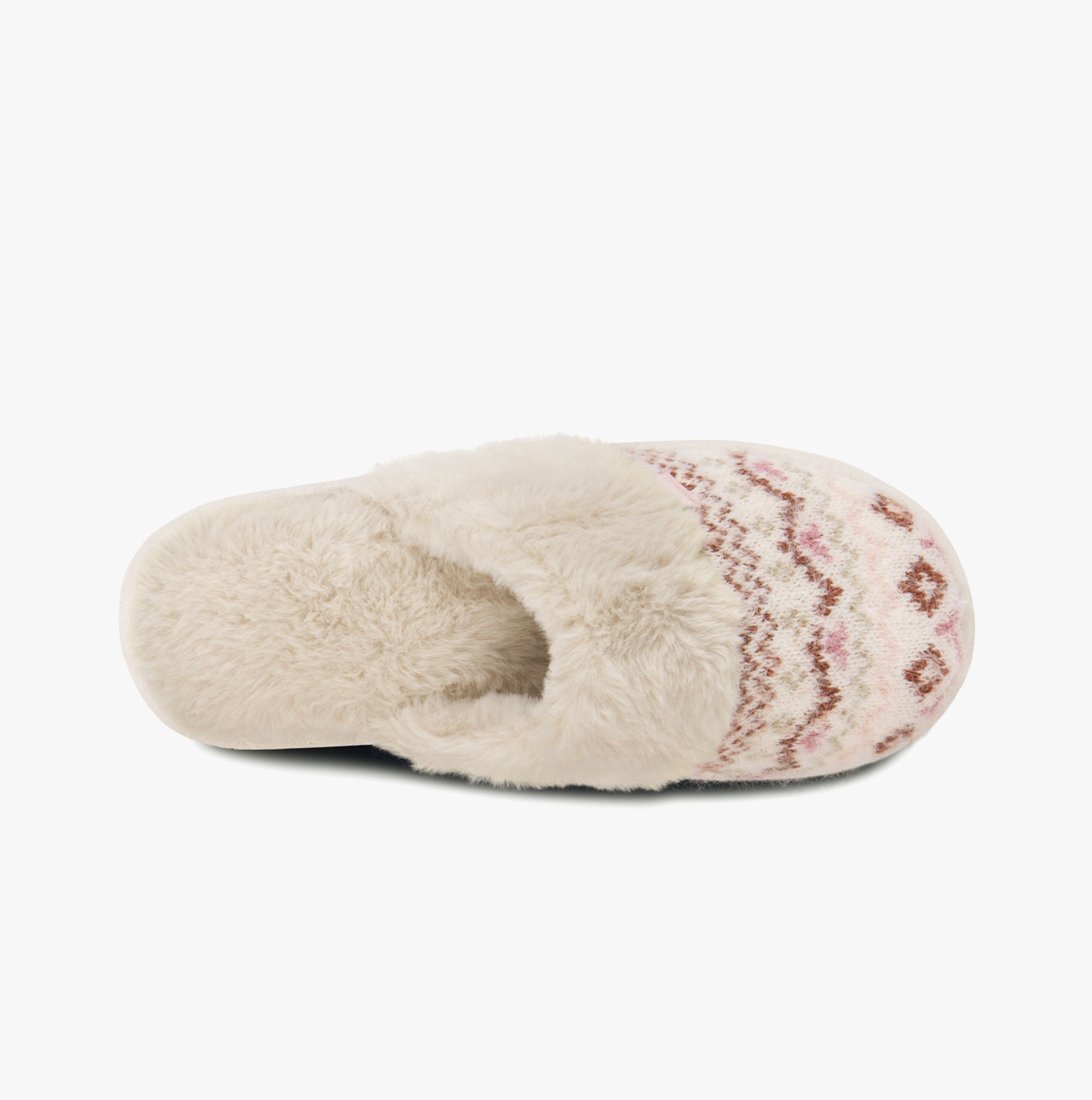Totes Toasties FAIR ISLE KNIT MULE Slippers Womens Fairisle top view showing faux fur lining and Fair Isle knit pattern.