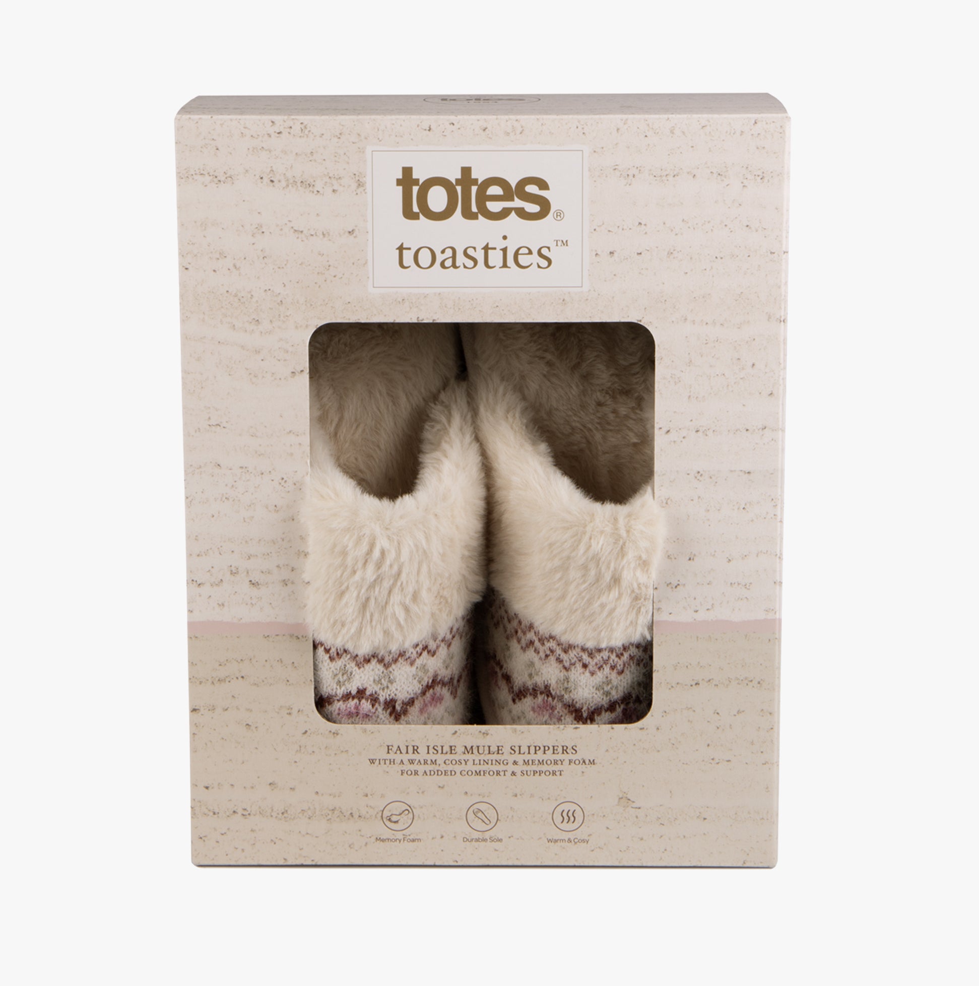 Totes Toasties FAIR ISLE KNIT MULE Slippers Womens Fairisle in gift box, featuring soft faux fur and cozy design.
