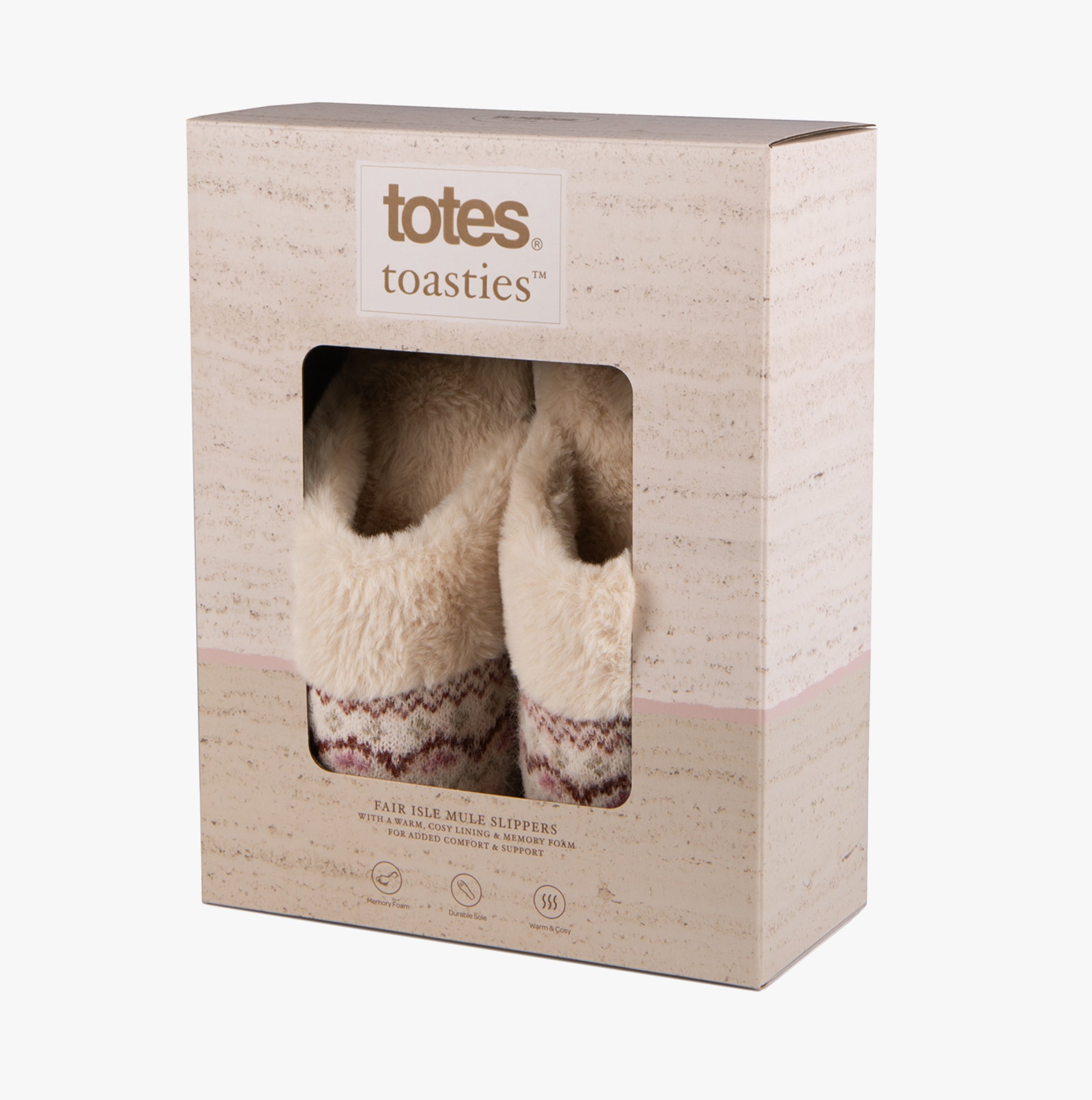 Totes Toasties FAIR ISLE KNIT MULE Slippers Womens Fairisle in gift box packaging, showcasing the slipper design and color.