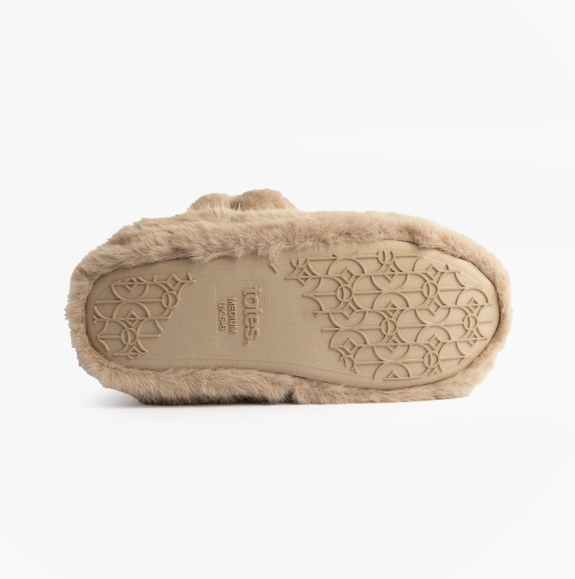 Totes Toasties FAUX FUR Boot Slippers Womens Oat bottom view showing textured sole and faux fur details.