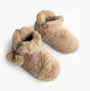 Totes Toasties FAUX FUR Boot Slippers Womens Oat - side view of cozy, plush faux fur boot slippers in beige.