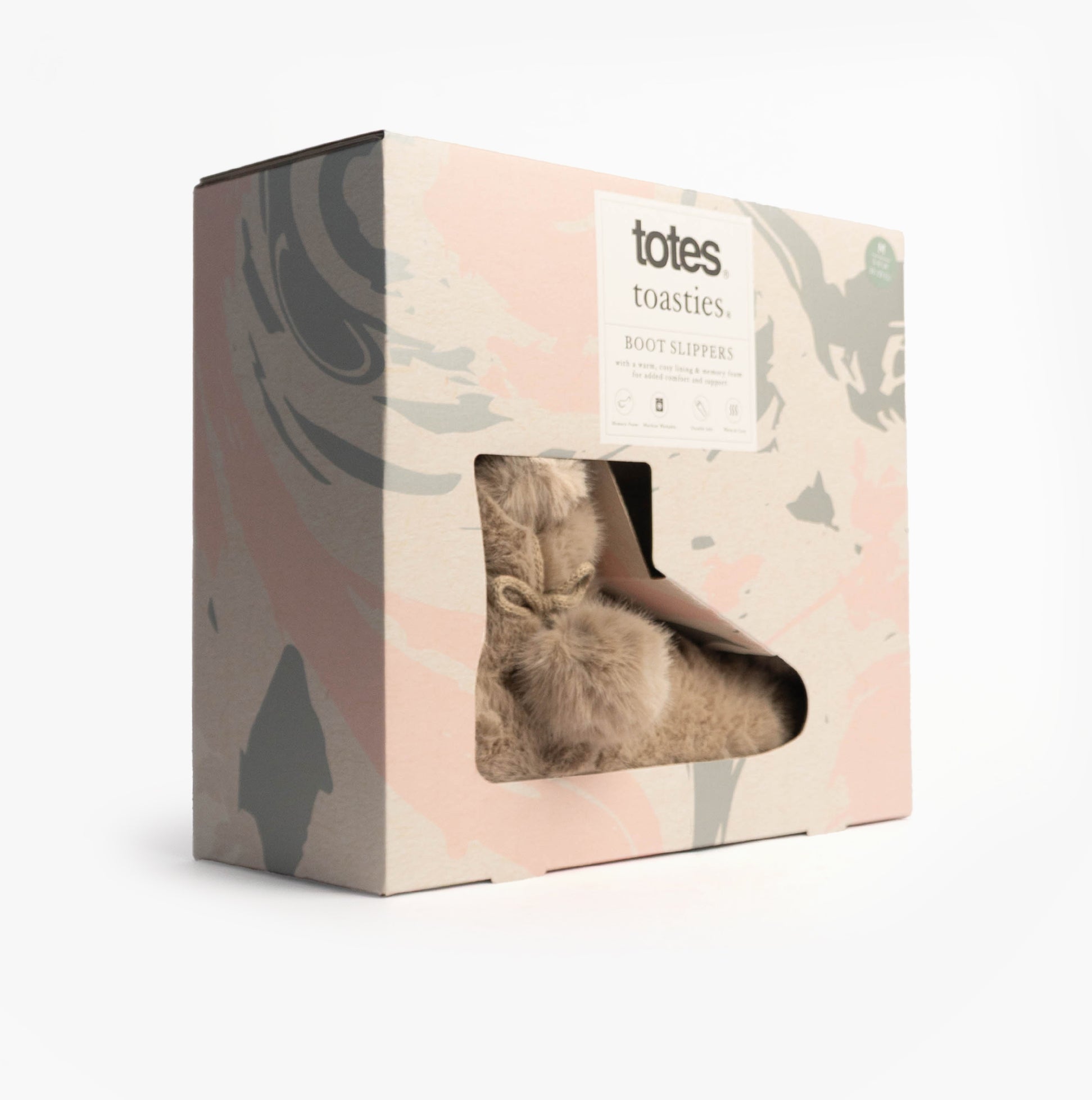 Totes Toasties FAUX FUR Boot Slippers Womens Oat in gift box packaging, side view with soft faux fur detail.