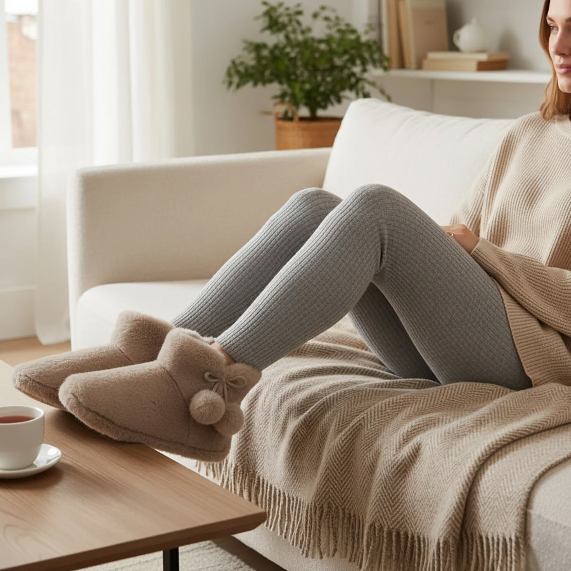 Totes Toasties FAUX FUR Boot Slippers Womens Oat worn by a woman sitting on a sofa, side view showing cozy details.
