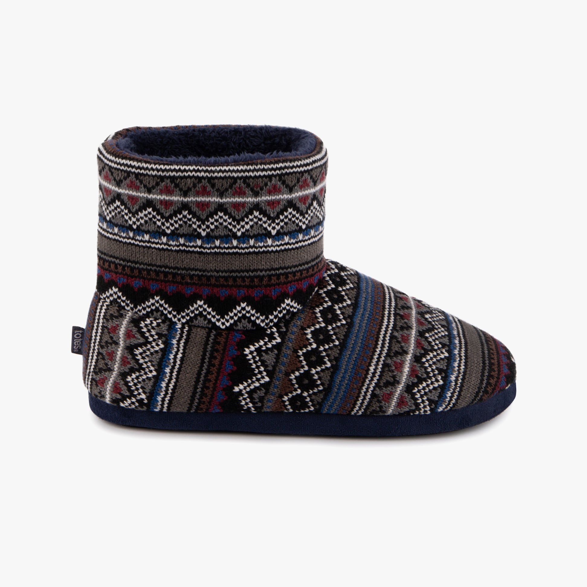 Totes Toasties FAIR ISLE BOOT Slippers Mens Multi side view showing textile upper and round toe design.