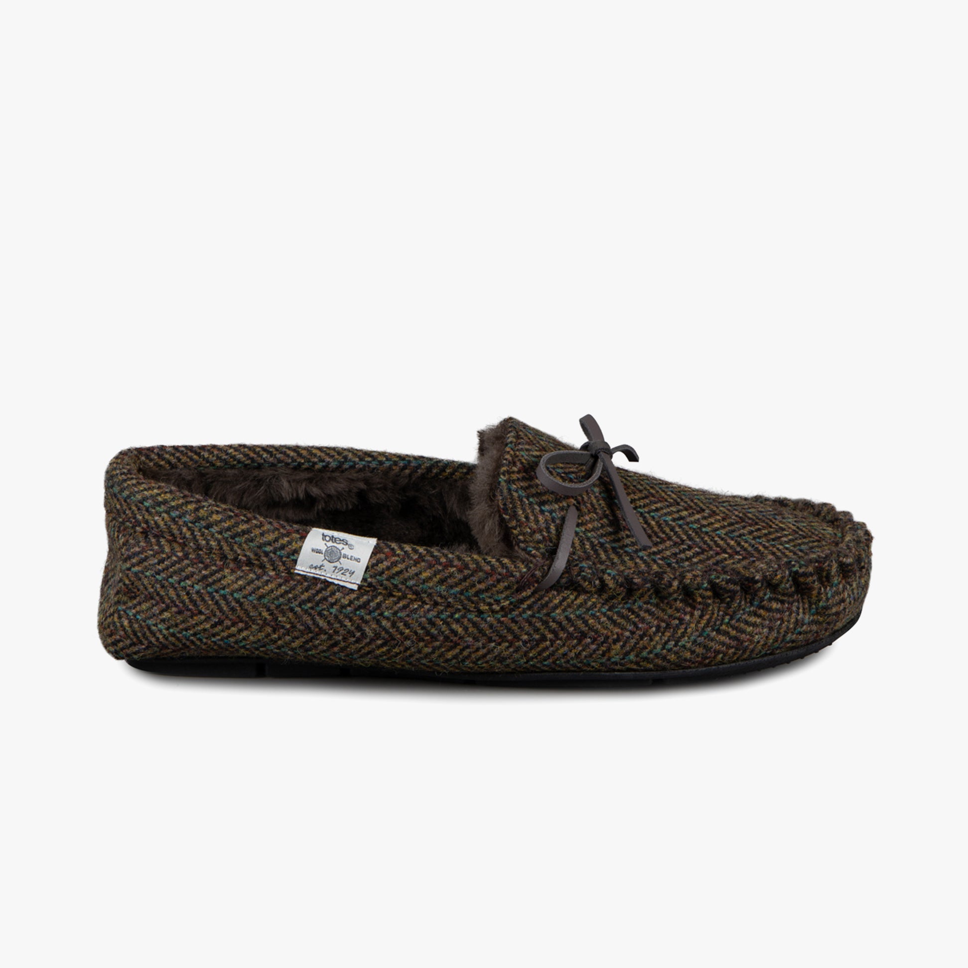 Totes Toasties WOVEN WOOL MIX MOCCASIN Slippers Mens Brown side view showing woven wool and faux fur lining.