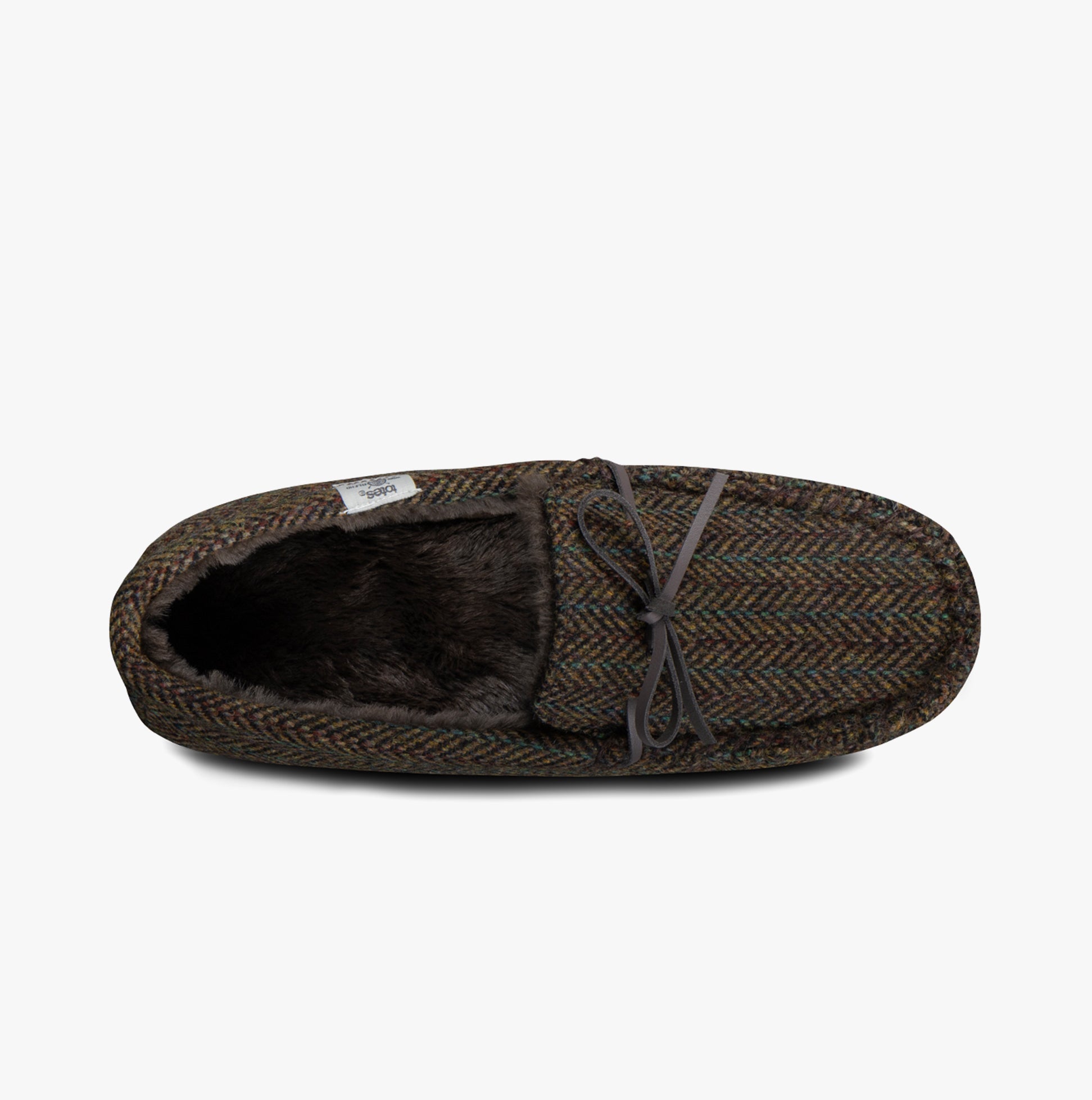 Totes Toasties WOVEN WOOL MIX MOCCASIN Slippers Mens Brown top view showing woven texture and faux fur lining.